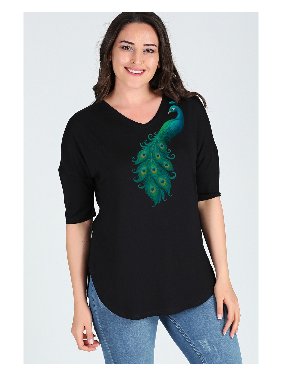 Curvy Trend Büyük Beden Tavuskuşu Baskılı Yarım Kol Yan Yırtmaç Bluz