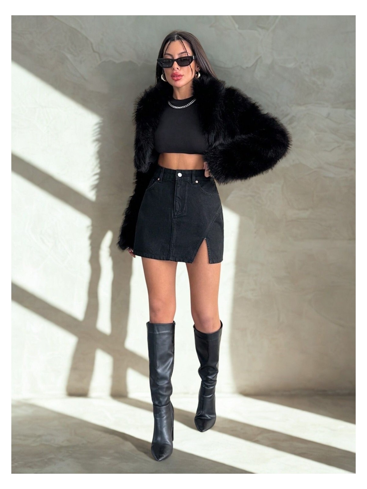 Polo State Yırtmaç Detaylı Siyah Kot Mini Etek