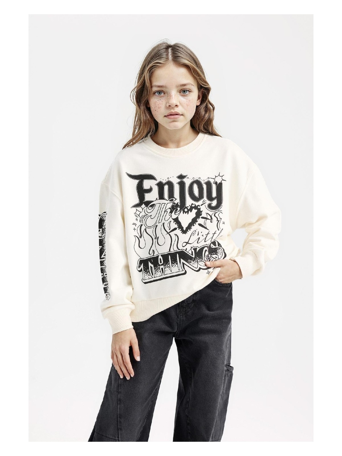 DeFacto Oversize Geniş Kalıp Bisiklet Yaka Baskılı Sweatshirt Kız Çocuk D6629A824AU