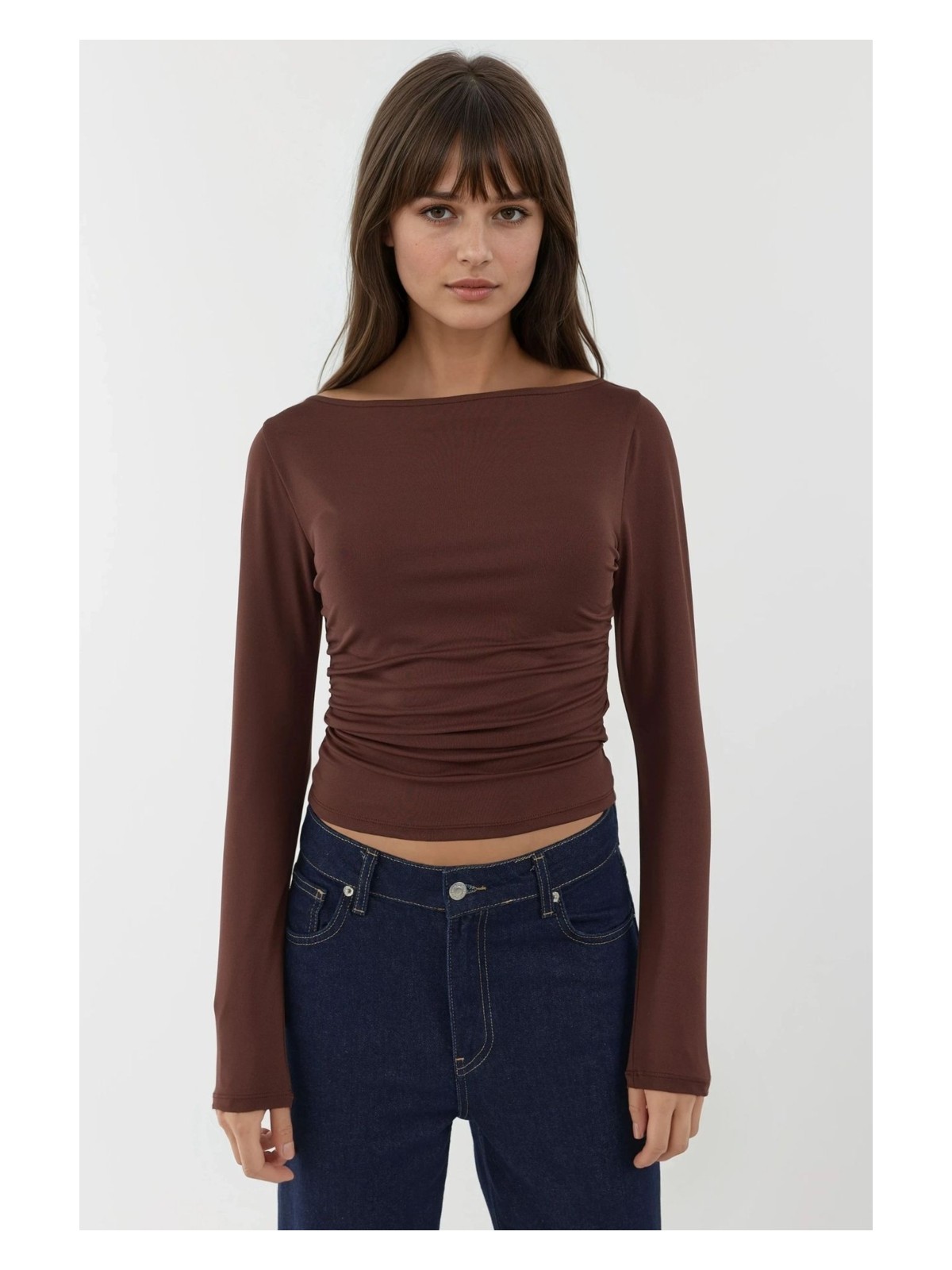 Hiccup Kadın Tekne Yaka Uzun Kollu Slim Fit Örgü Üst Mocha Kahvesi