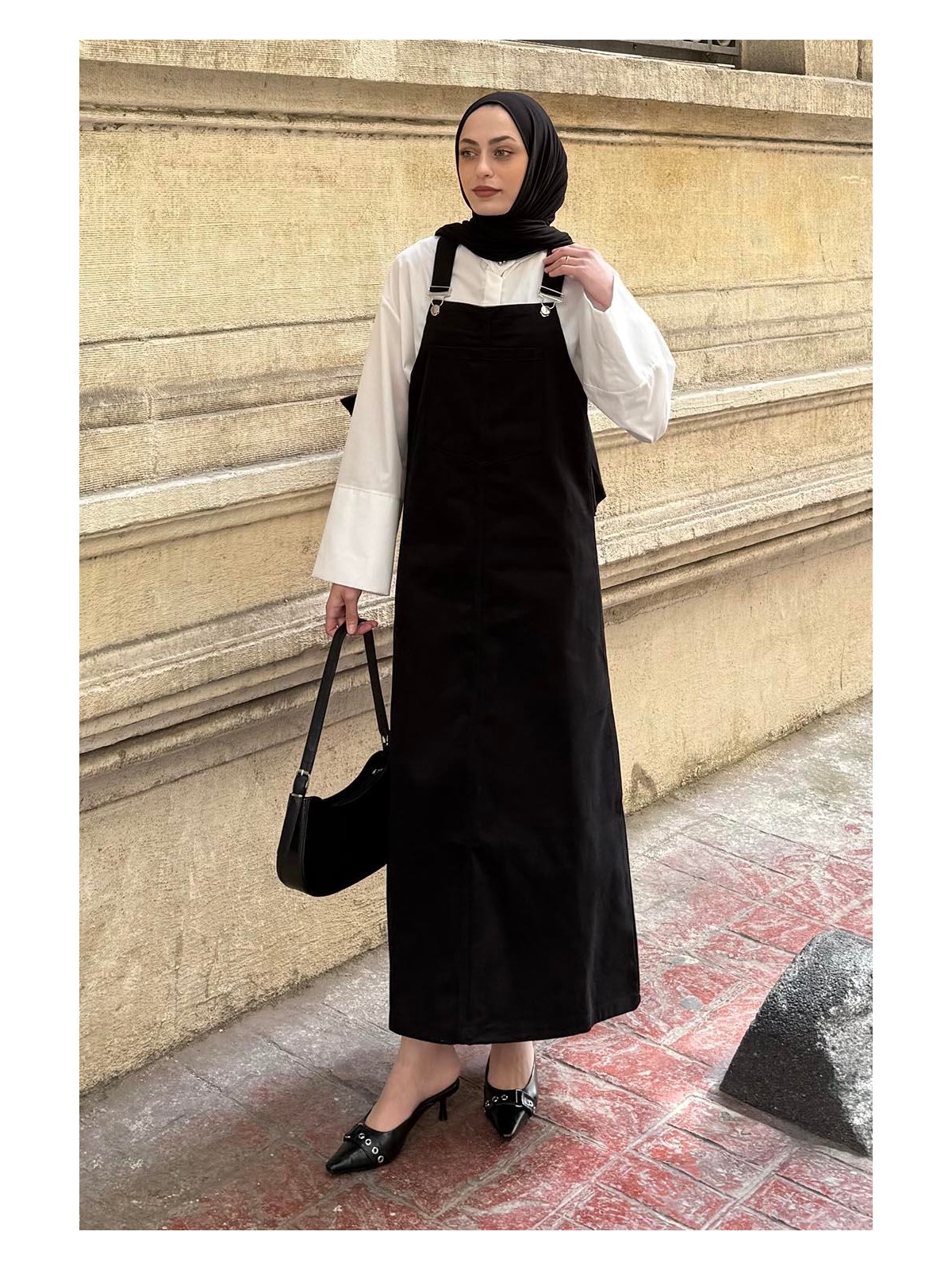 Lamelif Ön Cep Detaylı Etekli Salopet Siyah