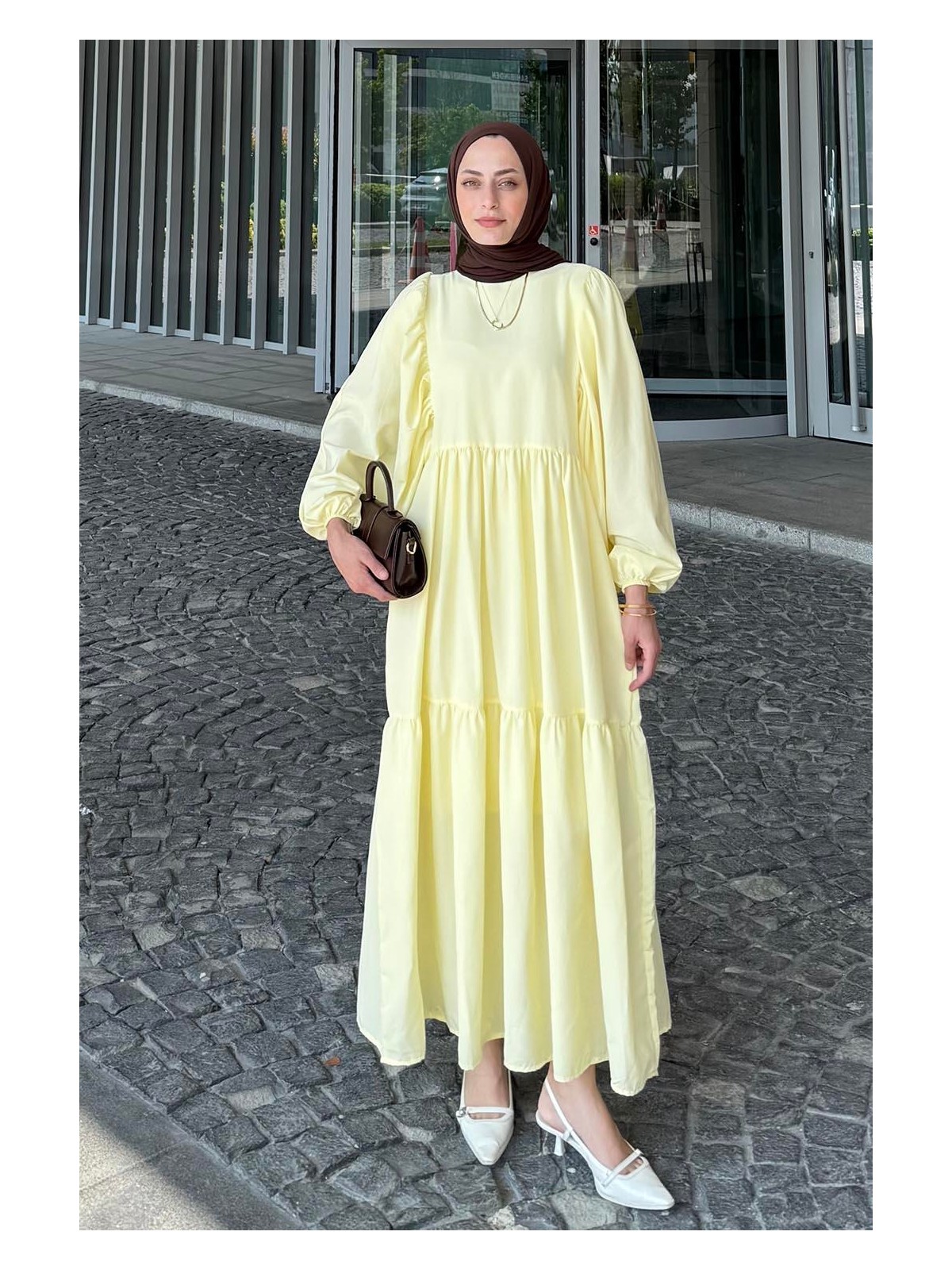 Lamelif Balon Kol Katlı Yazlık Elbise Şeker Pembesi - Görsel 8