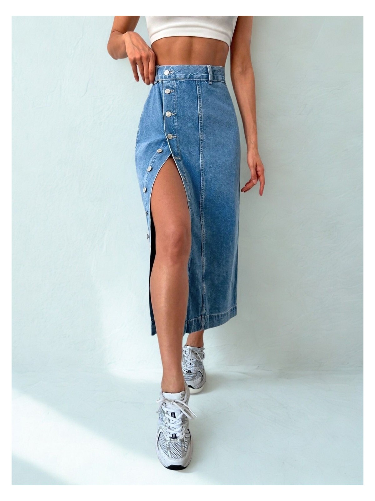 Polo State Kadın Yırtmaçlı Kot Etek Mavi