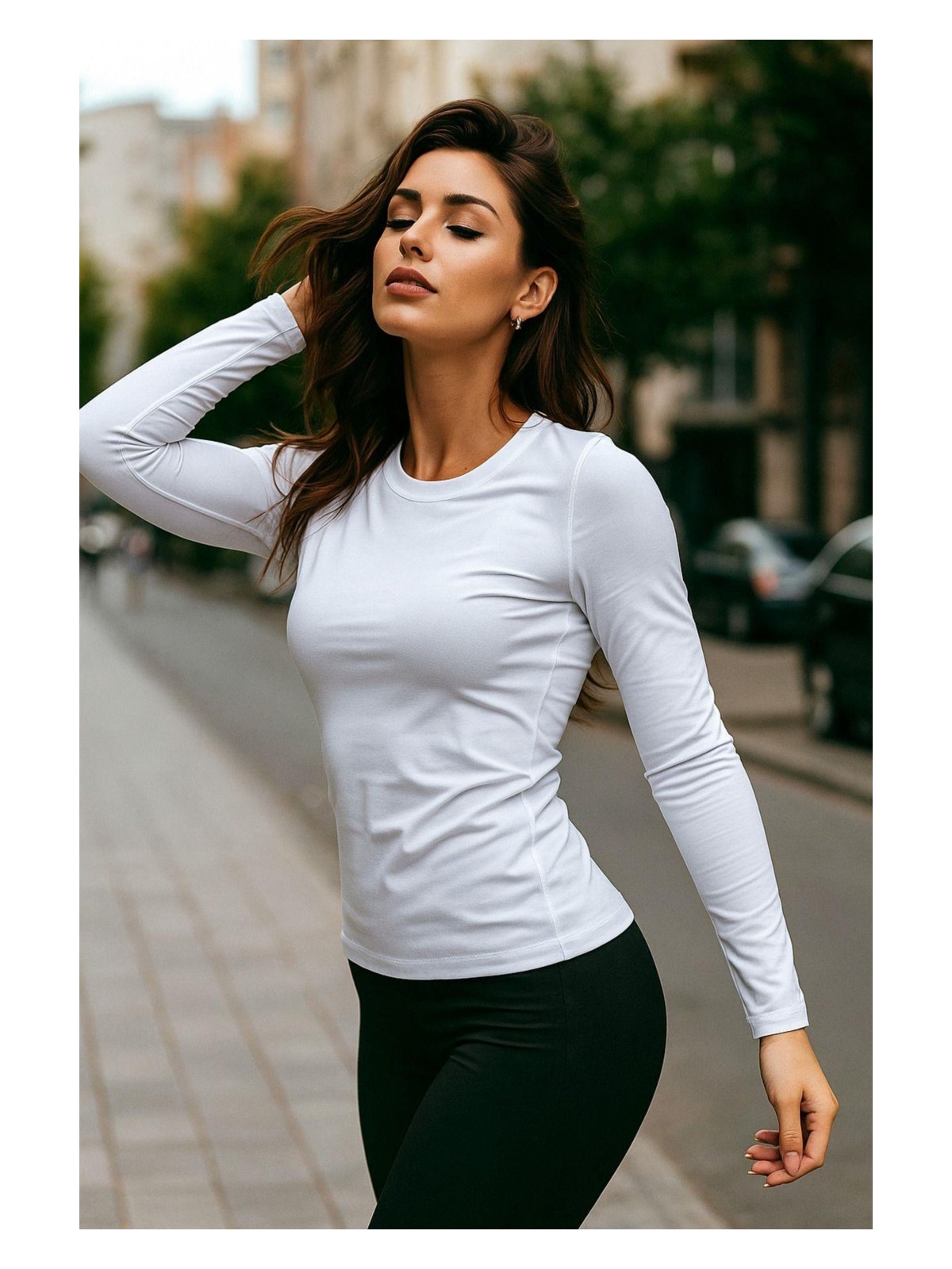 Rich Kadın Beyaz Bisiklet Yaka Slim Fit Basic Tişört - Uzun Kollu Pamuklu T-Shirt Bluz