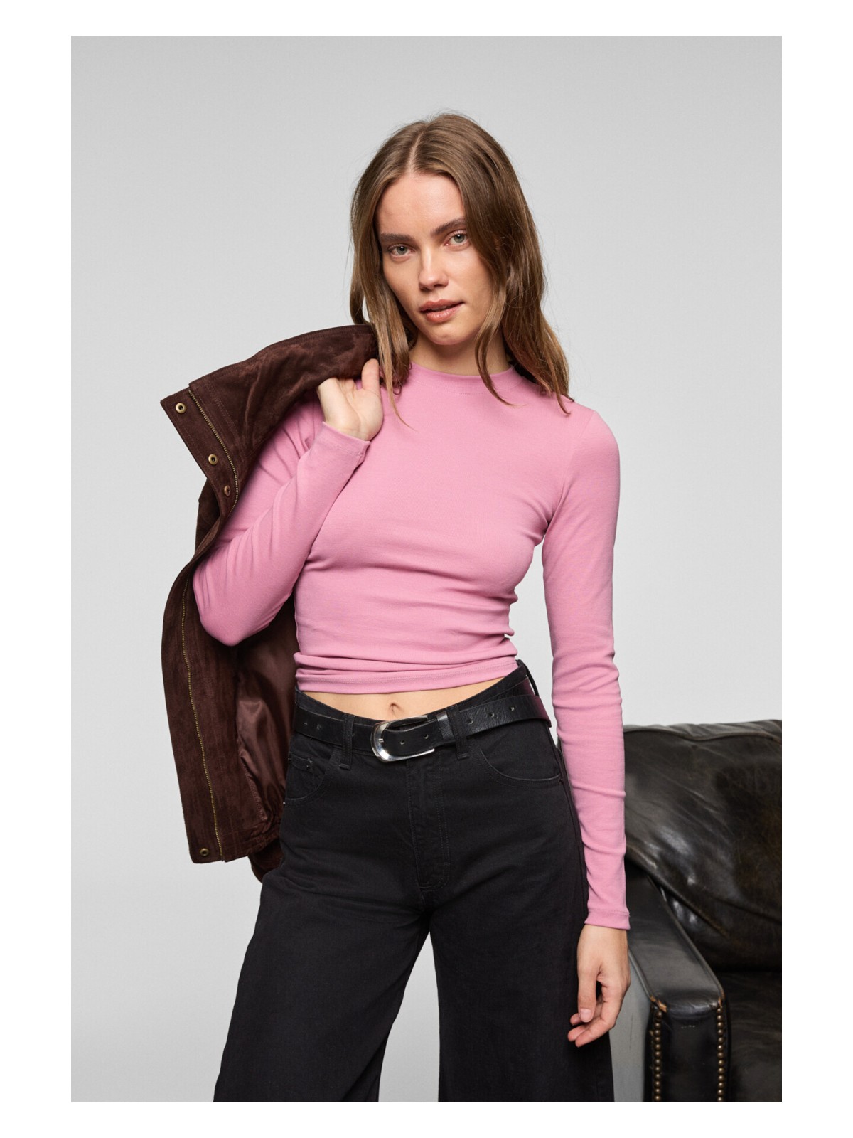 Grimelange GRIGROS Kadın Esnek Kumaşlı Vücuda Oturan Slim Fit Uzun Kollu Lila T-Shirt