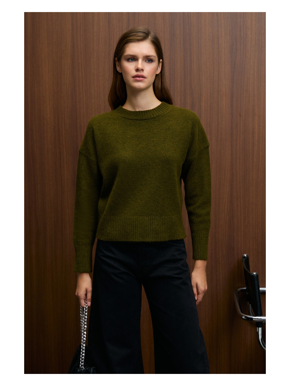 Grimelange NANNA Kadın Oversize Fit Yumuşacık Kaşmir Tuşesinde Bisiklet yaka Kalın Triko Haki Kazak