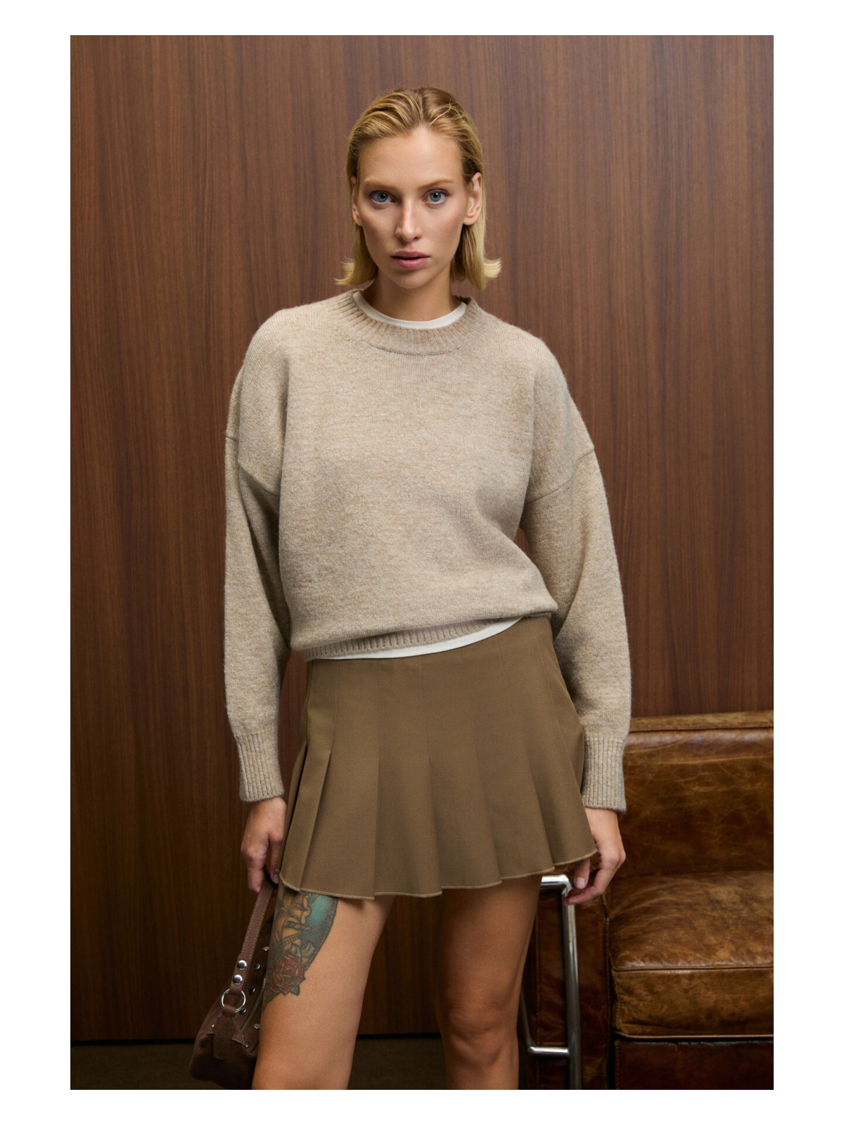 Grimelange Nanna Kadın Oversize Fit Bol Kalıp Yuvarlak Yaka Recycle Triko Bej Kazak