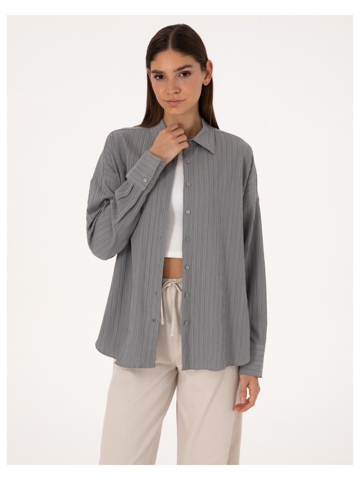 Pierre Cardin Kadın Gri Oversize Uzun Kollu Gömlek 50318232-VR024