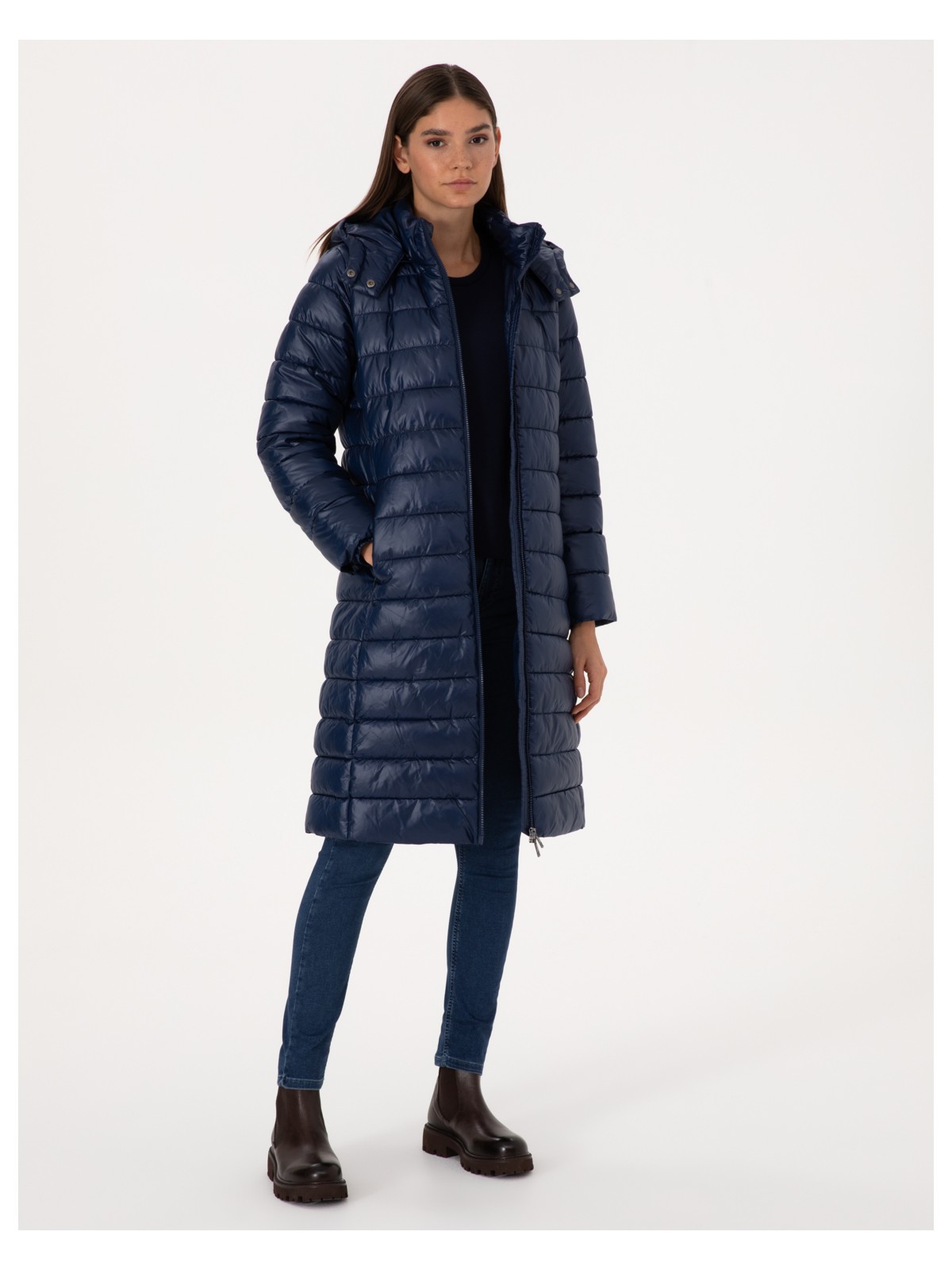 Pierre Cardin Kadın Lacivert Çıkarılabilir Kapüşonlu Kapitone Uzun Mont 50314165-VR033