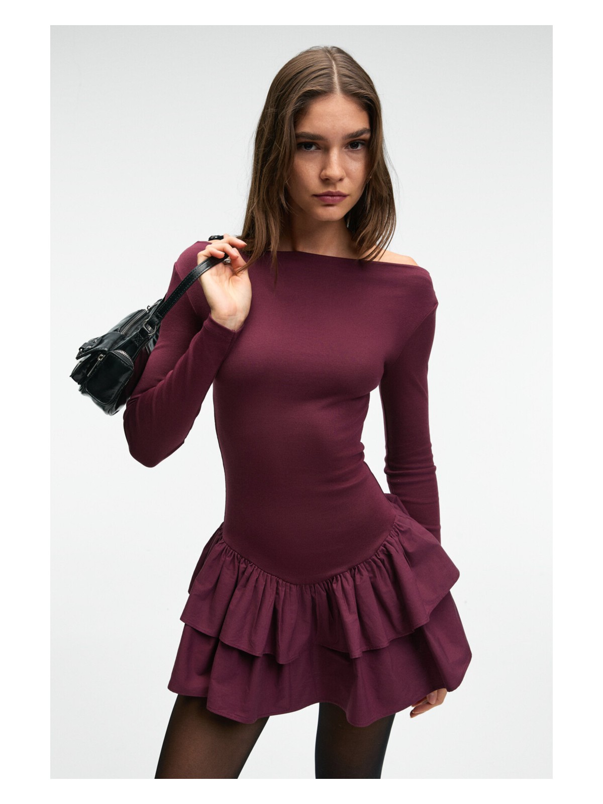 Grimelange PANI TRUSEA Kadın Üstü Esnek Eteği Dokuma Kumaşlı Regular Mini Bordo Elbise