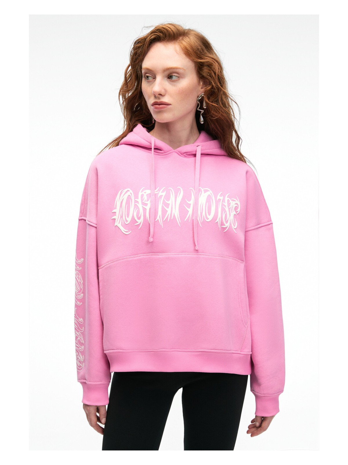 Grimelange ALIRAYNE Kadın Baskılı Oversize Kapüşonlu Kanguru Cep Antrasit Sweatshirt - Görsel 3