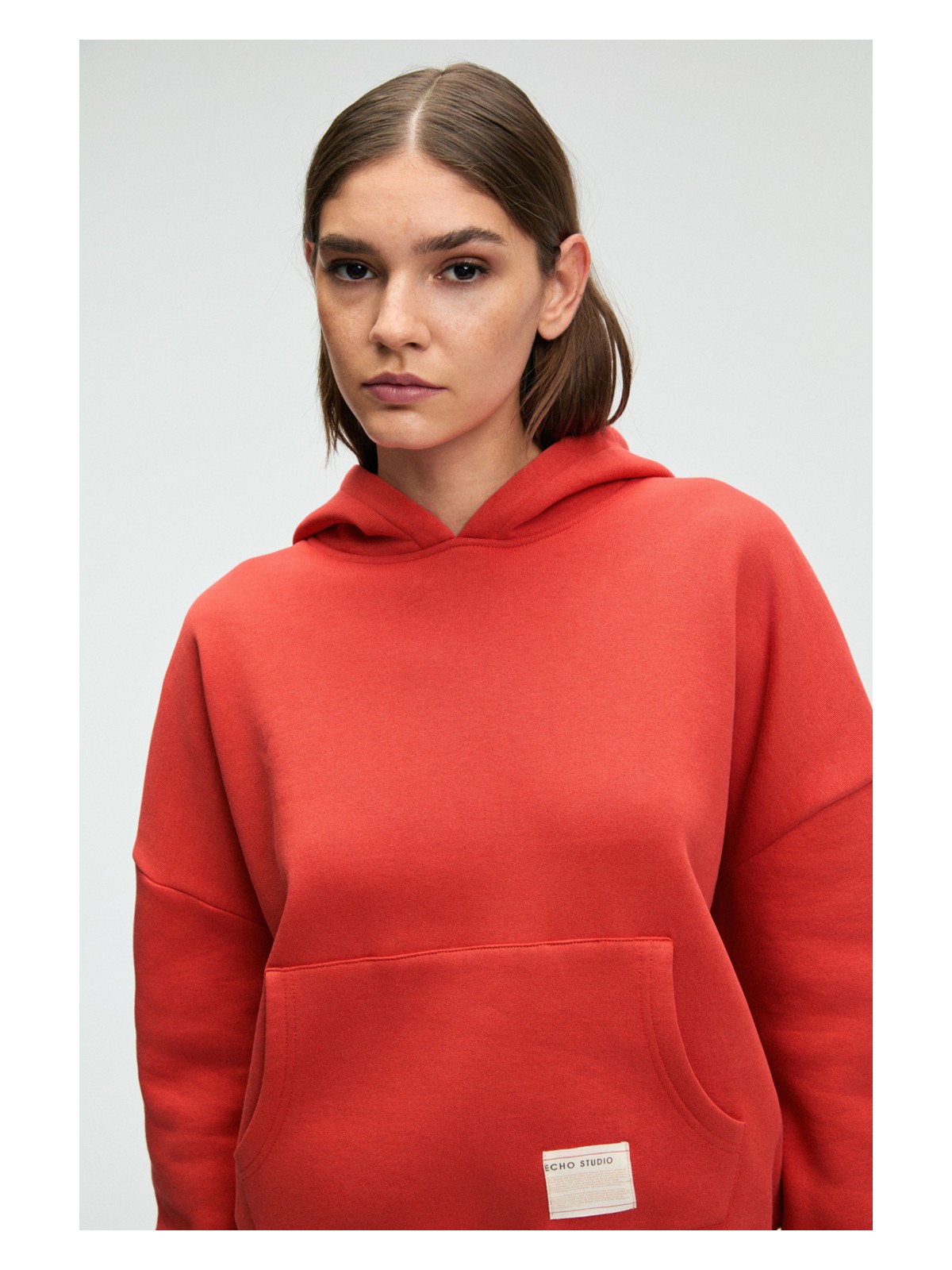 Grimelange CLARIE Kadın Organik Pamuklu Oversize Kanguru Cepli Kapüşonlu Kırmızı Sweatshirt