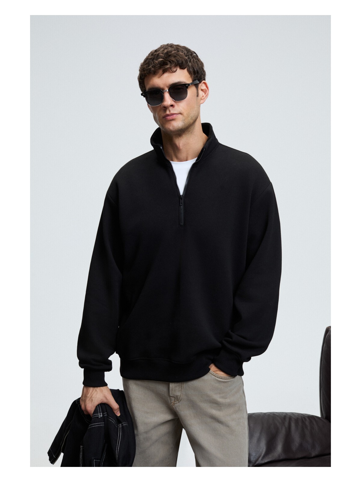 Grimelange BAXTER Erkek Dik Yakalı Fermuarlı Relaxed Lacivert Sweatshirt - Görsel 3