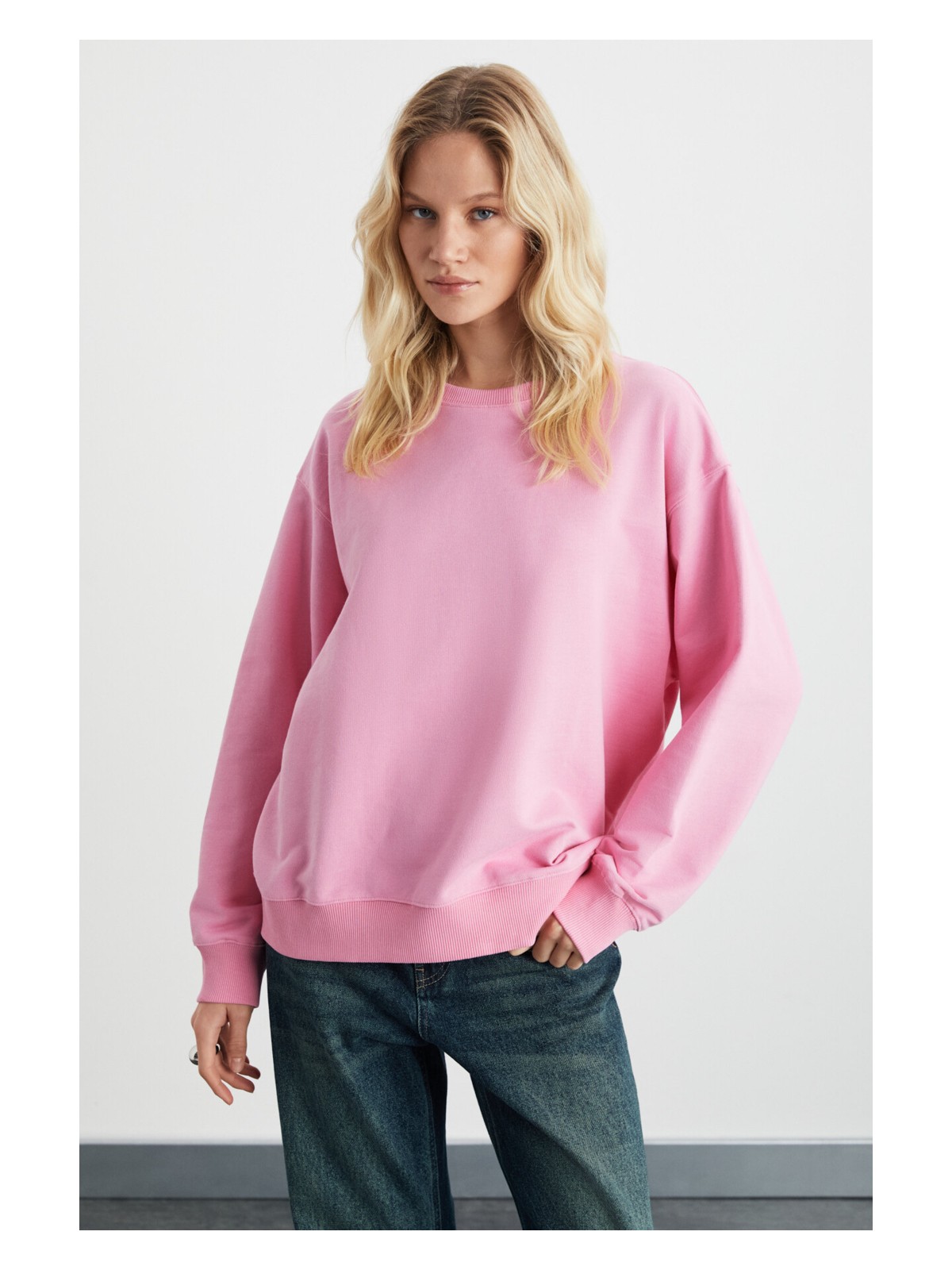 Grimelange KARIUS Kadın Organik Pamuklu İçi Polarlı Oversize Yuvarlak Yakalı Mavi Sweatshirt - Görsel 5