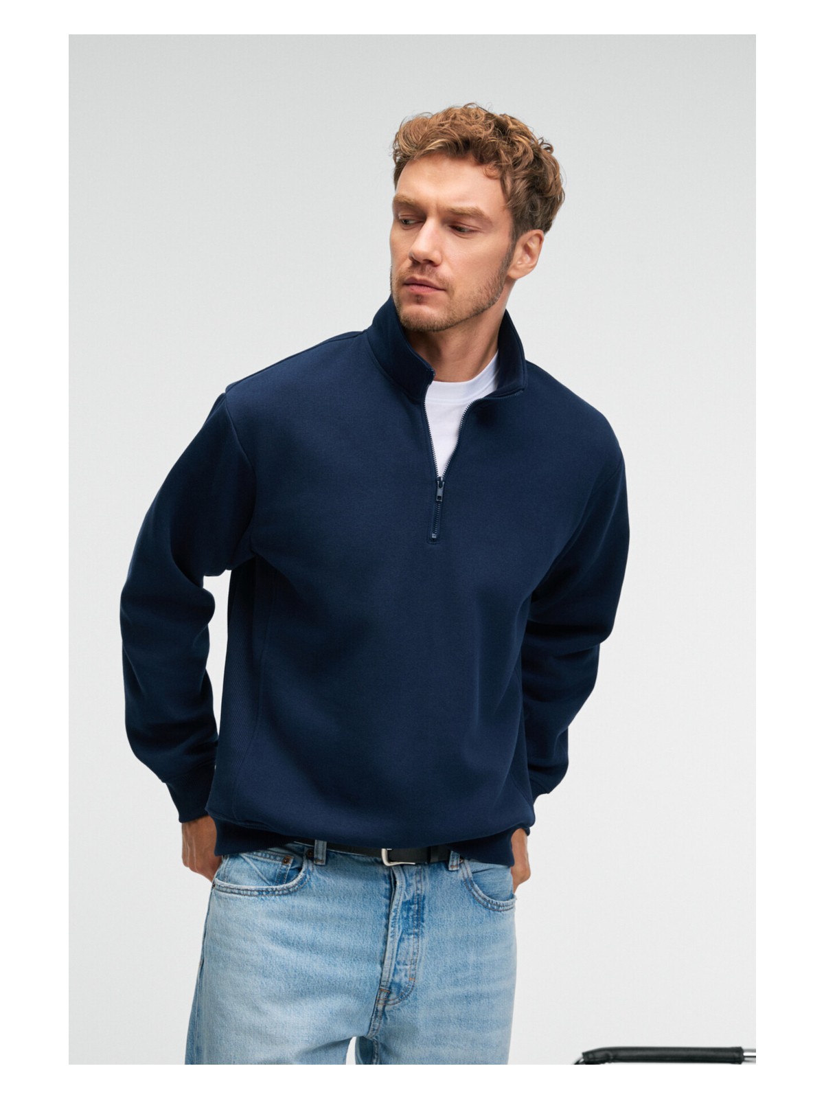 Grimelange BAXTER Erkek Dik Yakalı Fermuarlı Relaxed Lacivert Sweatshirt