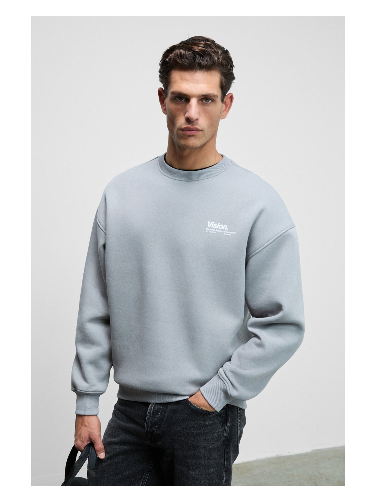 Grimelange Ernest Erkek Yumuşacık Kumaşlı Oversize Fit Yuvarlak Yakalı Baskılı Gri Sweatshirt - Görsel 8