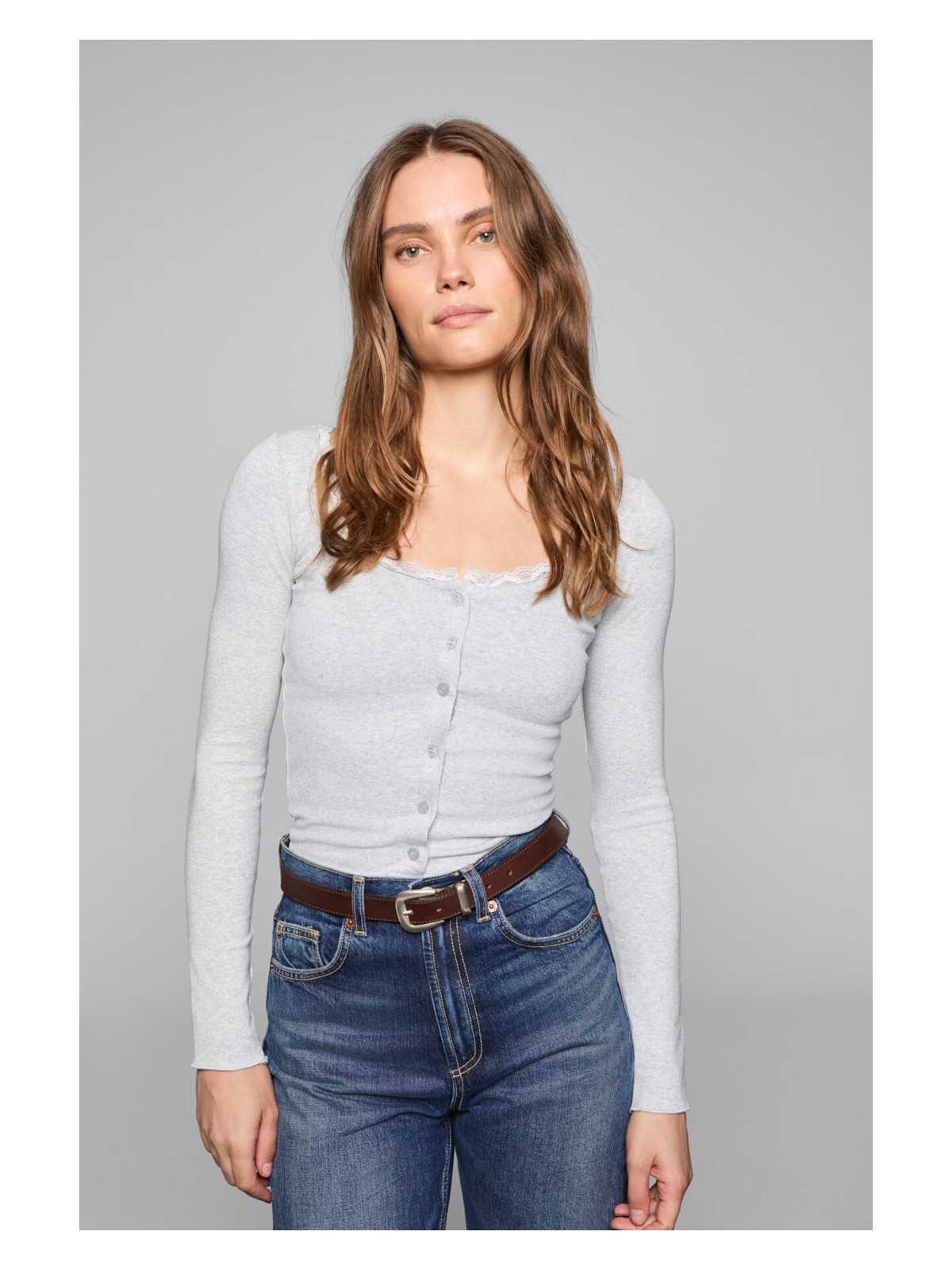 Grimelange ELVURA Kadın Esnek Kumaşlı Yakası Dantel Detaylı Düğmeli Bluz Ve Atlet İkili Takım Grimelanj Bluz