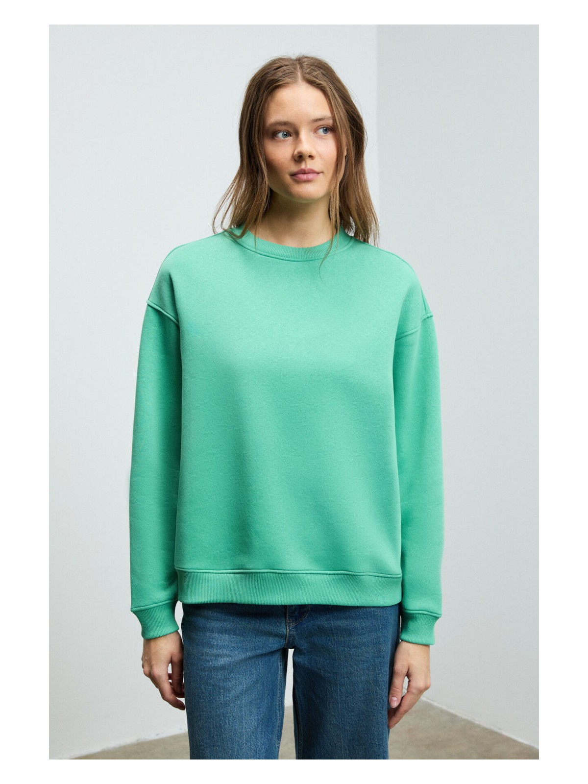 Grimelange SUSANA Kadın Bisiklet Yaka İçi Polarlı Oversize Fit Basic Mavi Sweatshirt - Görsel 8