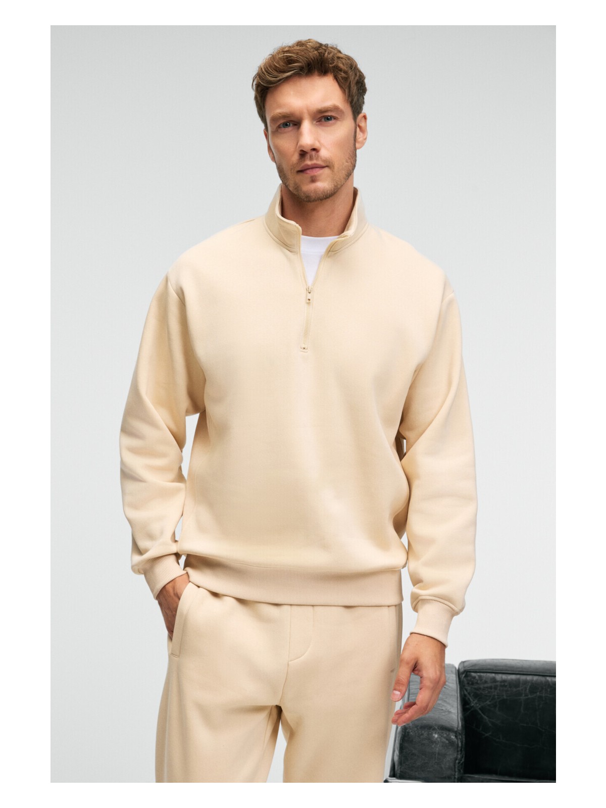 Grimelange BAXTER Erkek Dik Yakalı Fermuarlı Relaxed Lacivert Sweatshirt - Görsel 8