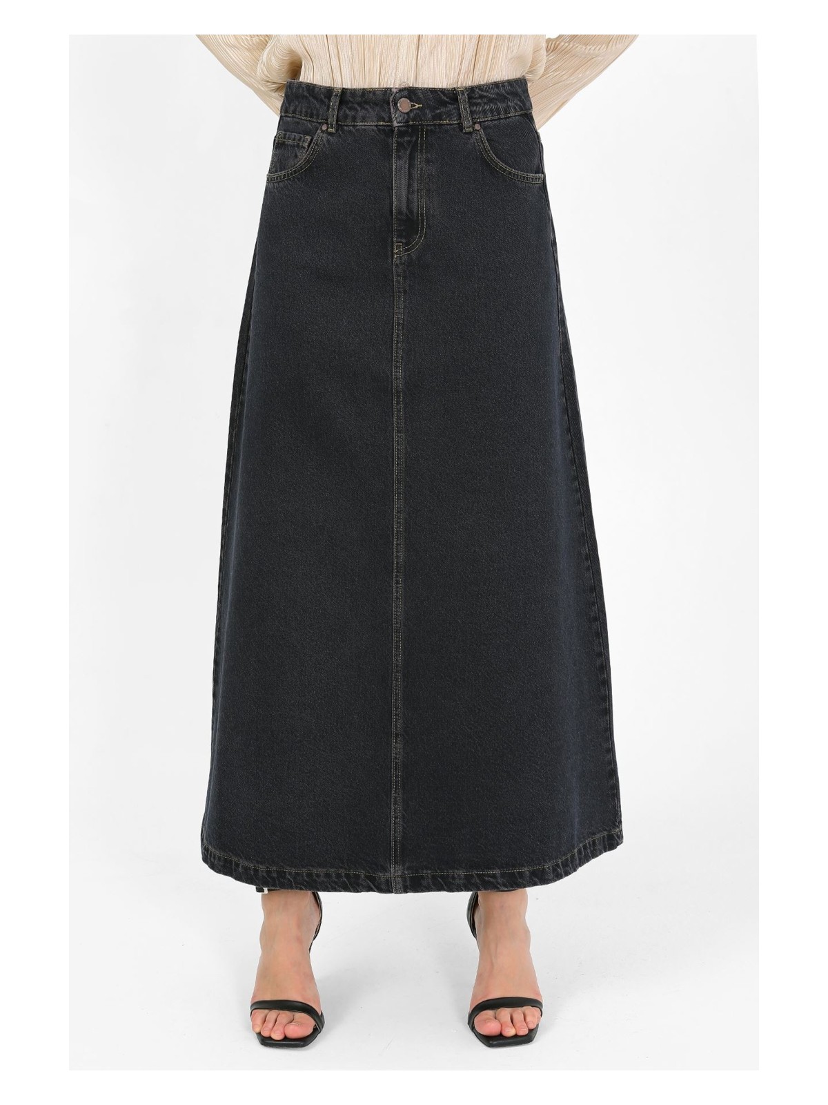 Vellichor Yüksek Bel A Kesim Denim Etek Kahverengi - Görsel 5