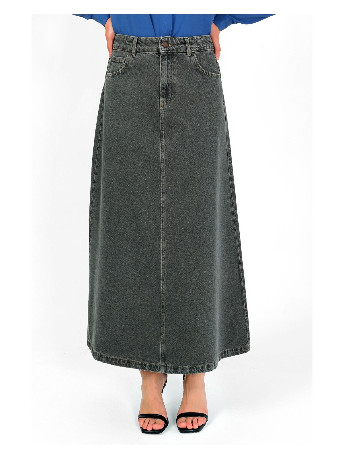 Vellichor Yüksek Bel A Kesim Denim Etek Kahverengi - Görsel 6