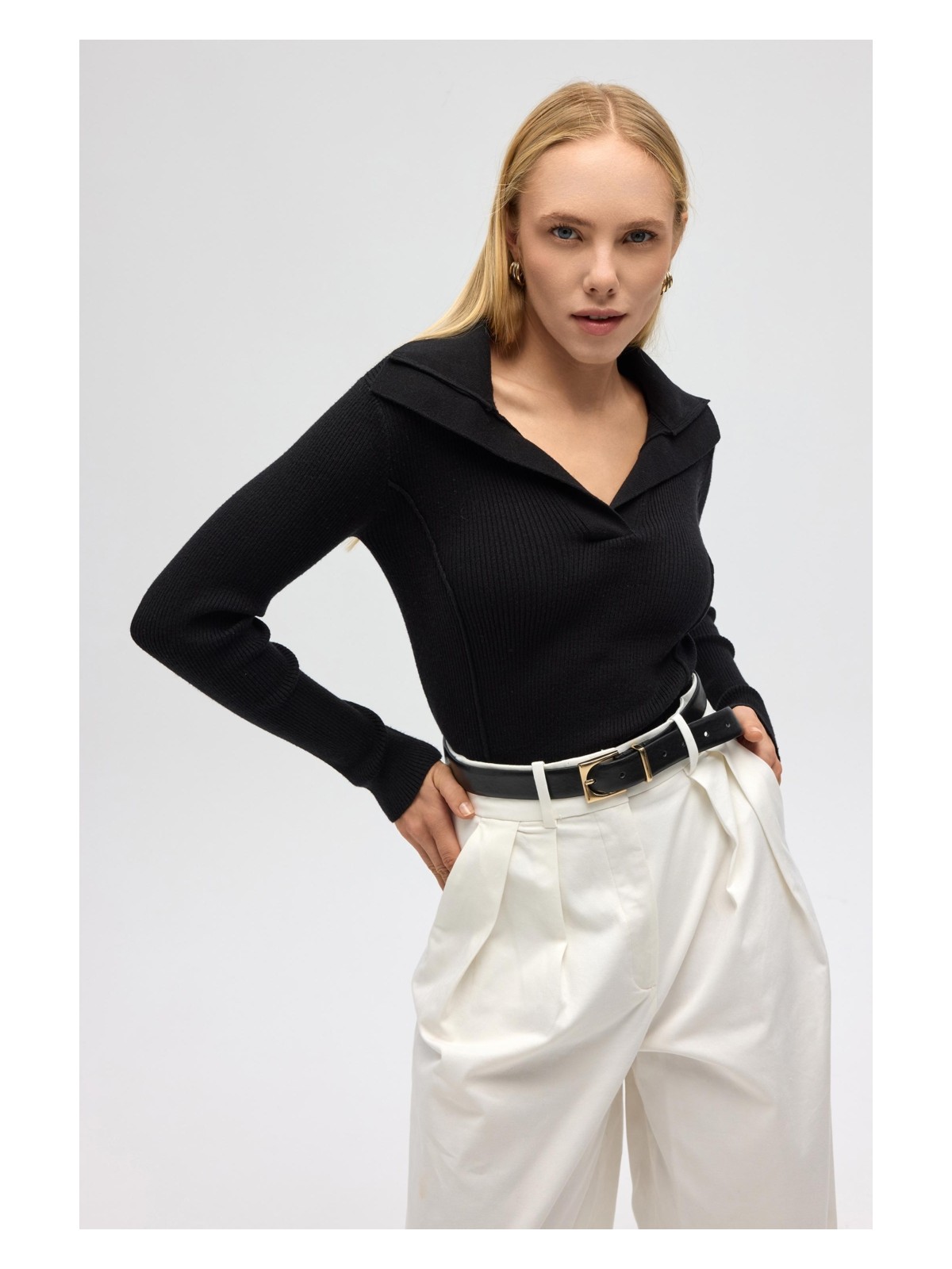 Mai Inari Polo Yaka Gri Triko Kazak - Görsel 3