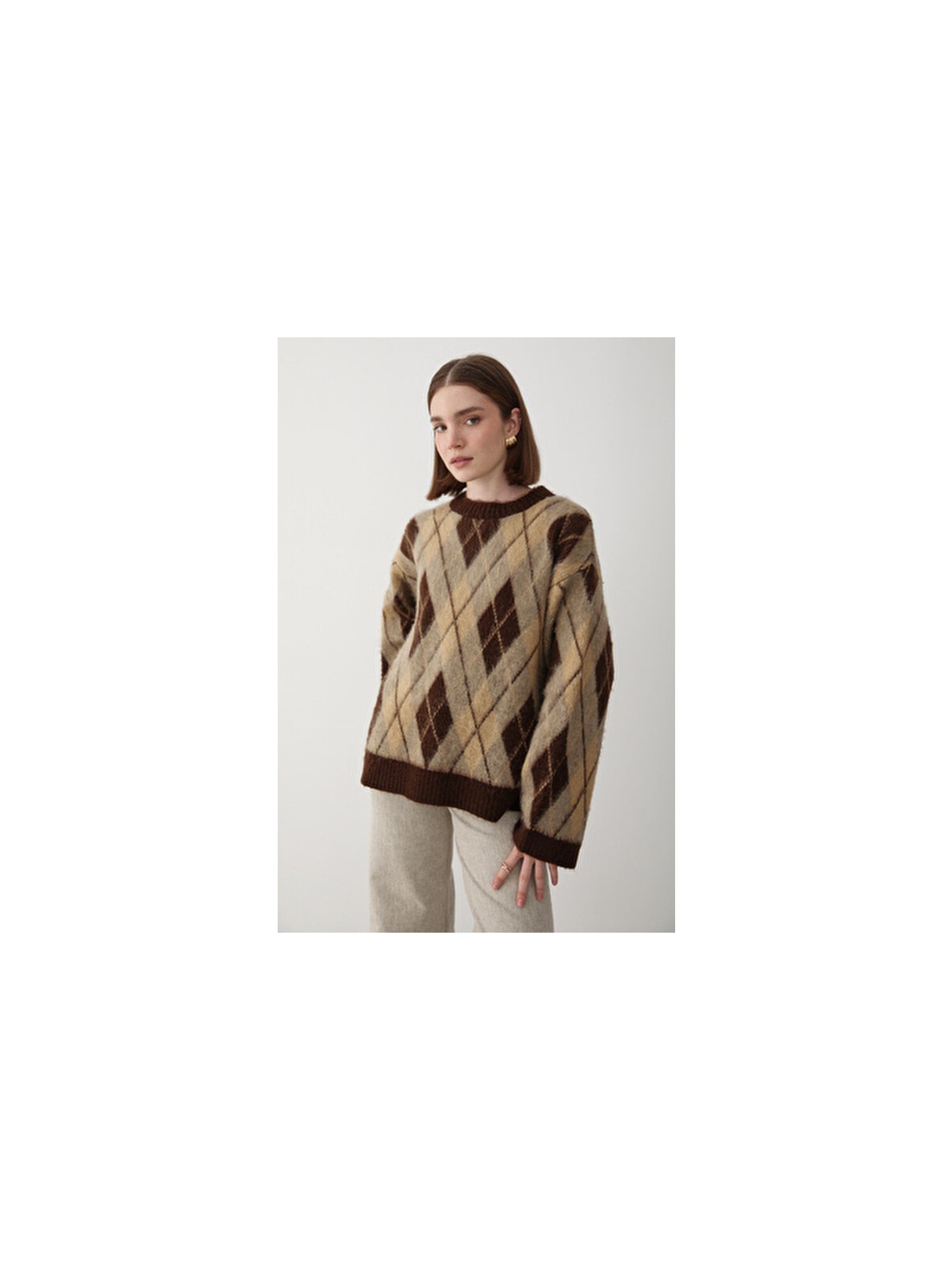 Jaste Kadın Oversize Argyle Desenli Triko Kazak KAHVERENGİ