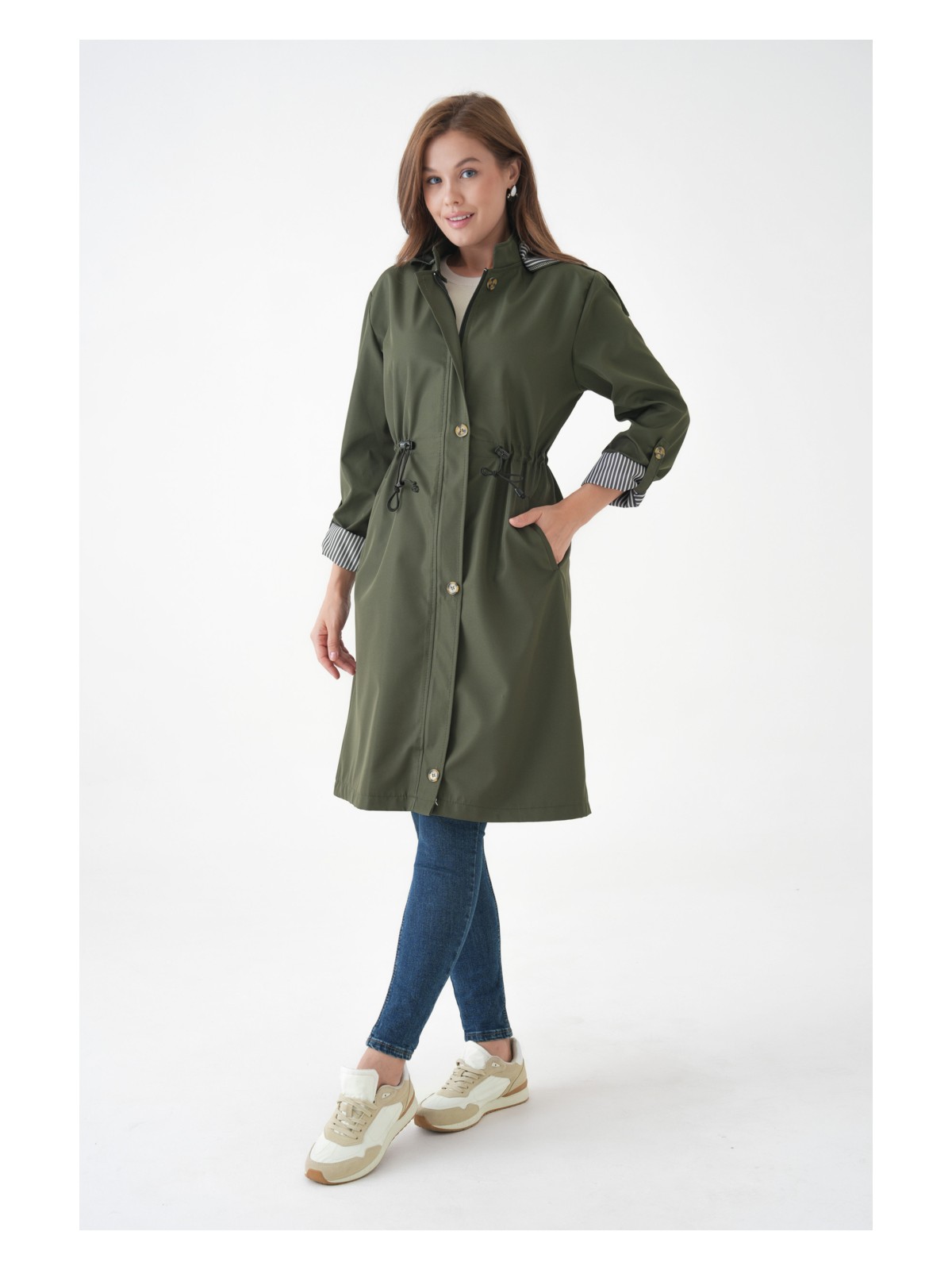 Ayşo Clothes Lacivert Rüzgar ve Su Geçirmez Çıkarılabilir Kapüşonlu Beli Tünelli Bondit Kumaş Trençkot - Görsel 6