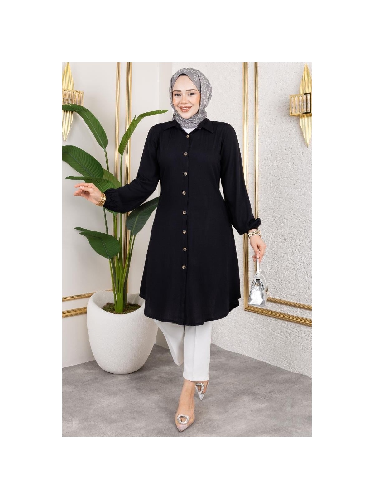 Tesettür Koza Manşeti Lastikli Viskon Tunik - Görsel 3