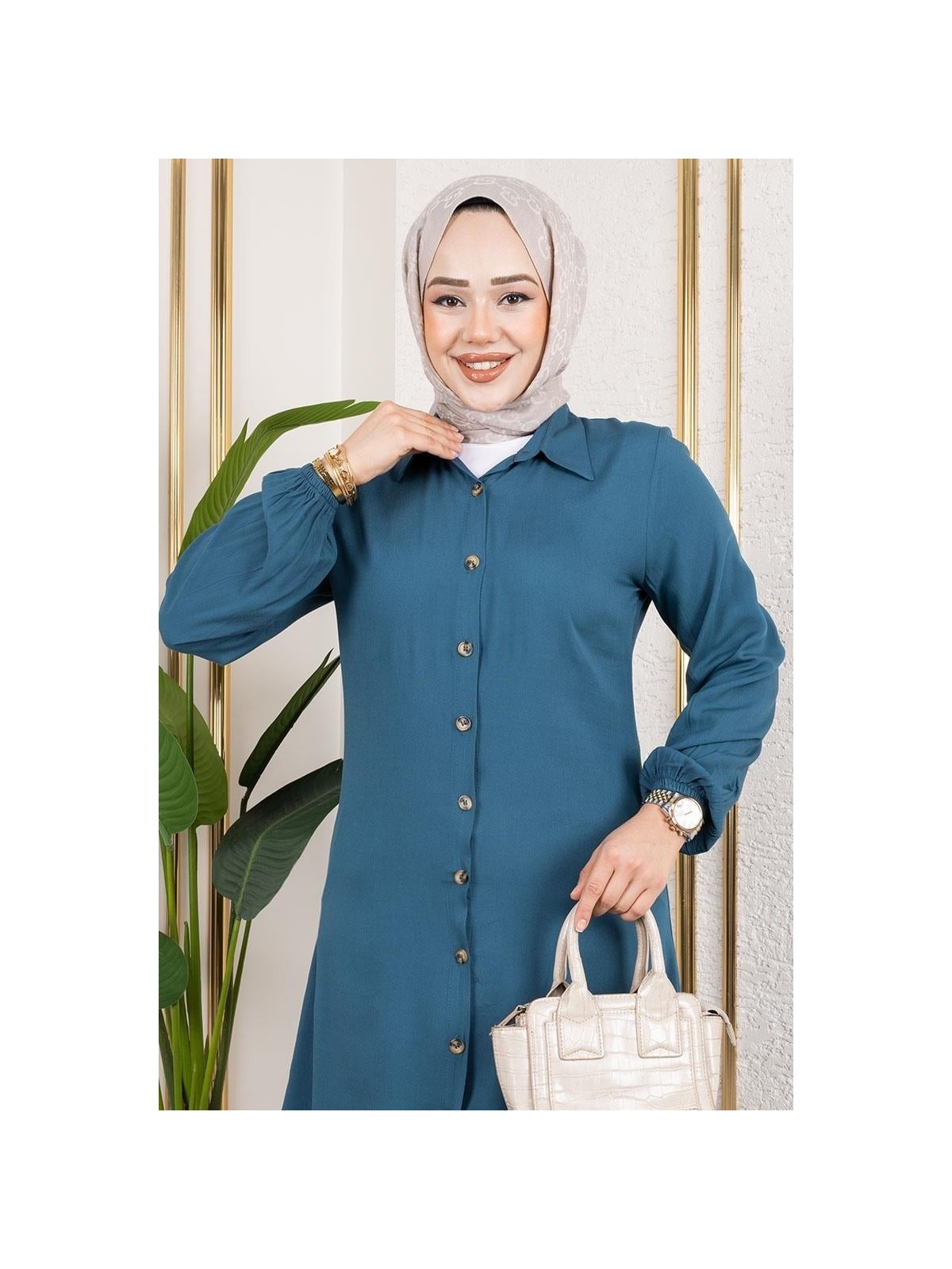 Tesettür Koza Manşeti Lastikli Viskon Tunik - Görsel 7