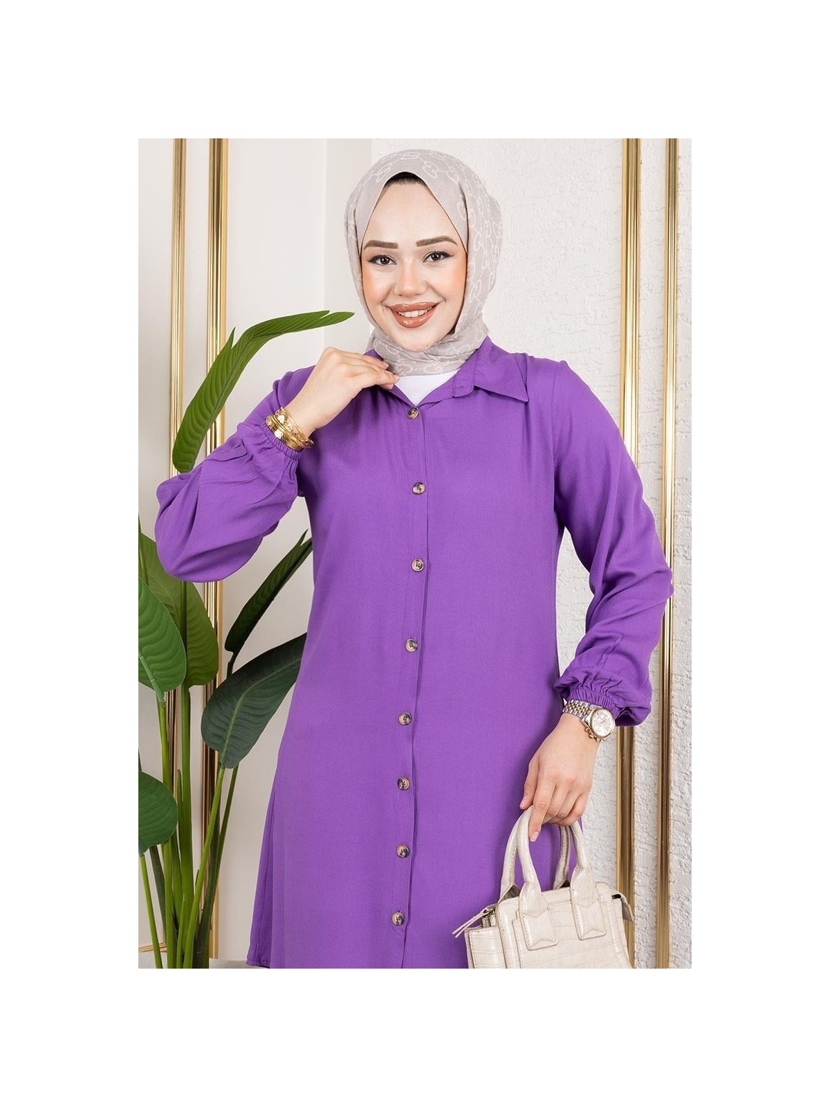 Tesettür Koza Manşeti Lastikli Viskon Tunik - Görsel 5