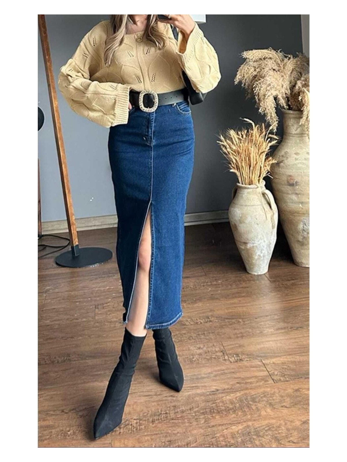 Madame Melek Zr Model Yırtmaç Detaylı Düğmeli Kot Etek Koyu Mavi Midi Diz Boy