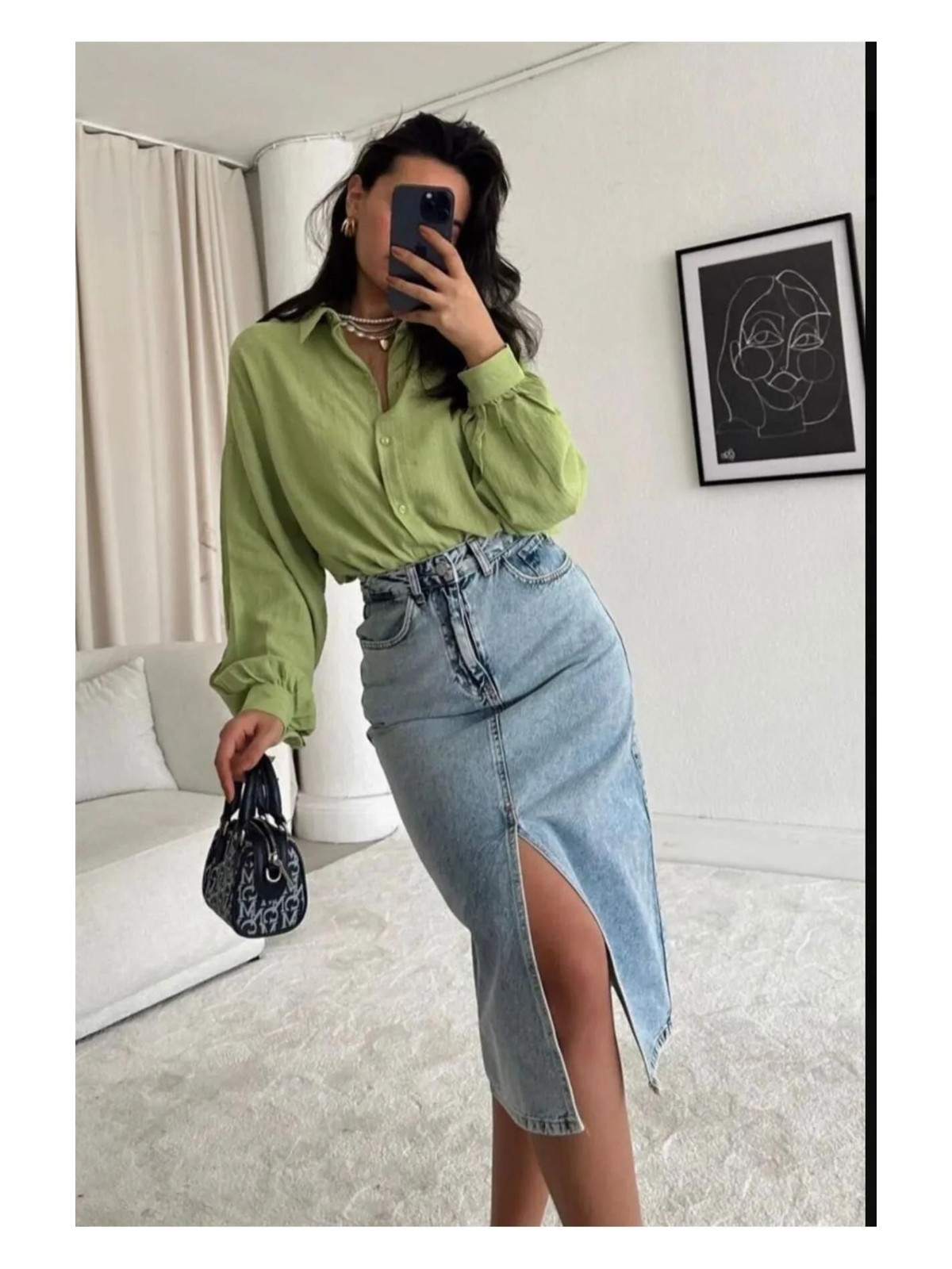 Madame Melek Zr Model Yırtmaç Detaylı Düğmeli Kot Etek Koyu Mavi Midi Diz Boy - Görsel 5