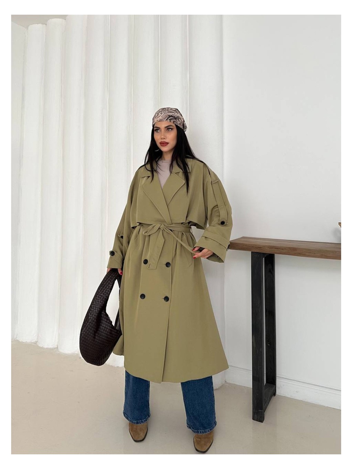 Famoda Kadın Haki Uzun Trençkot Cepli Kuşaklı Rüzgar Kapaklı Yeni Sezon Dış Giyim