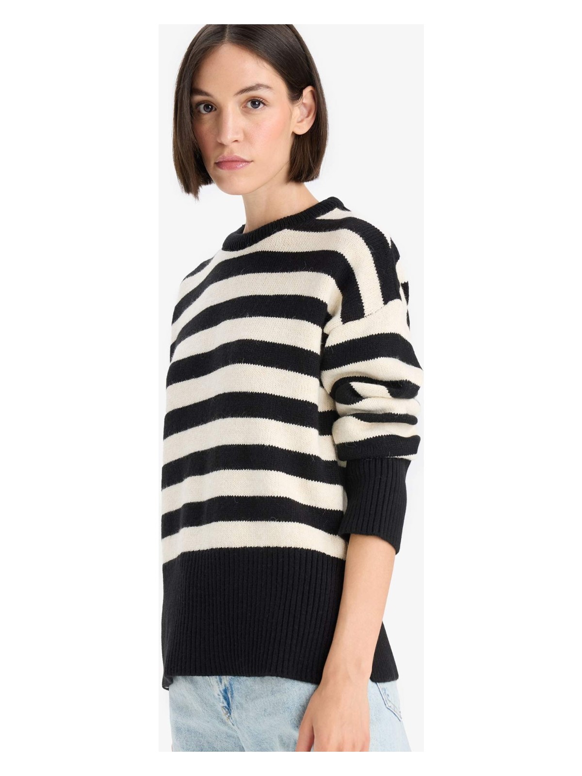 DeFacto Oversize Geniş Kalıp Bisiklet Yaka Çizgili Triko Kazak F3889AX25WN