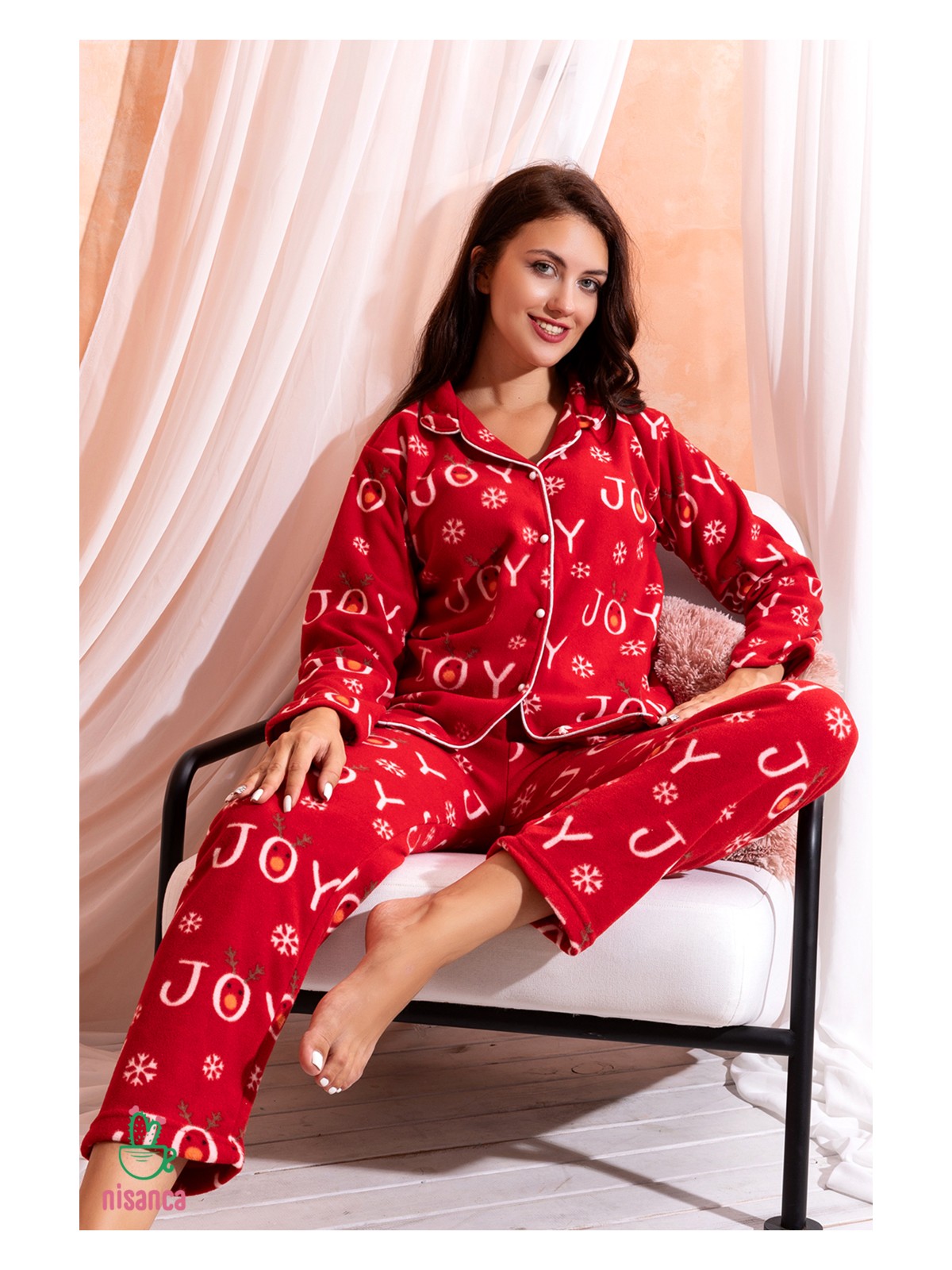 Nisanca Kışlık Yılbaşı Desenli Kadın Gömlek Polar Pijama Takımı- Geyikli Yılbaşı Pijaması- Geniş Beden Aralığı