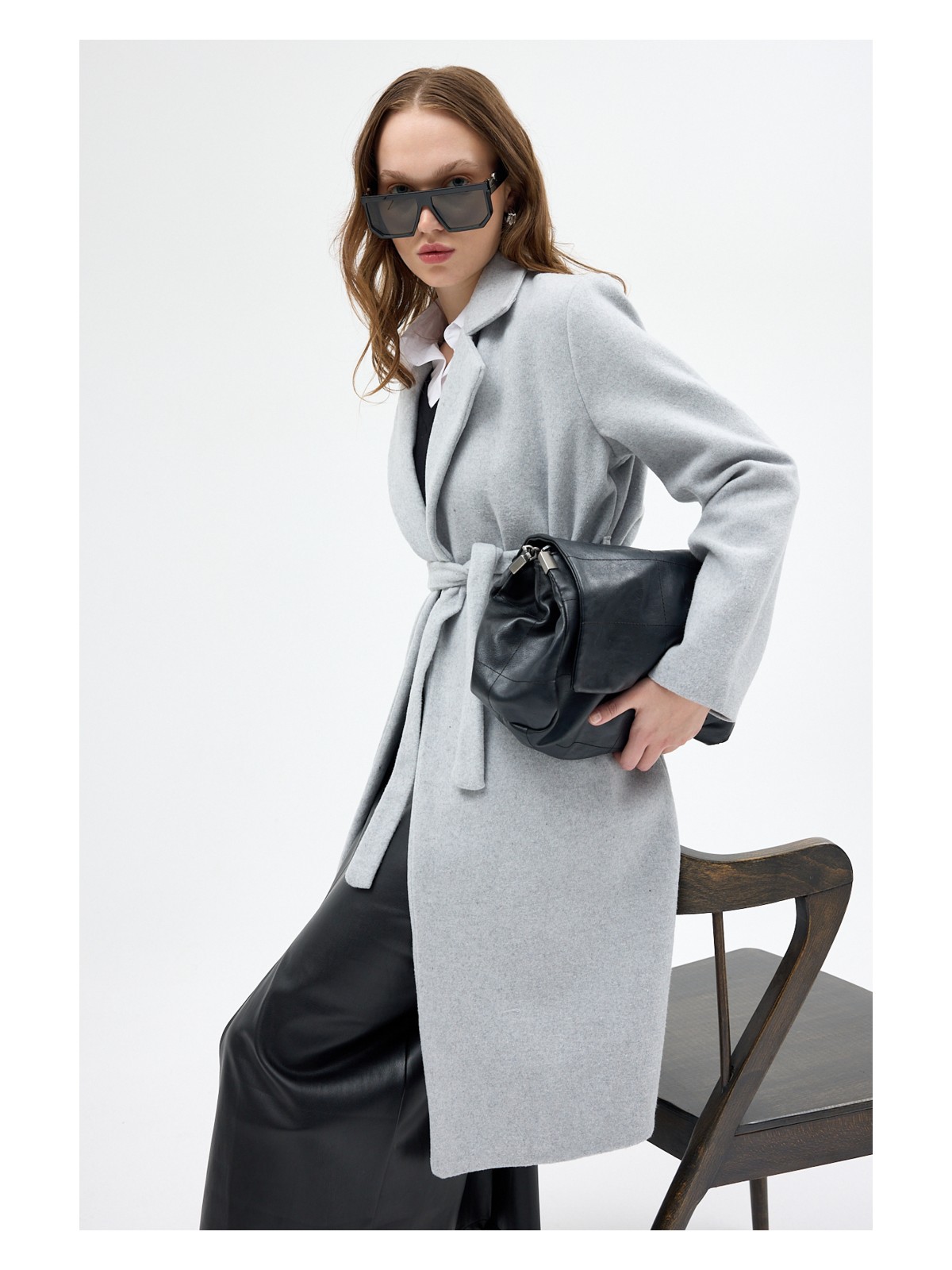 Rays Siyah Kemerli İçi Astarlı Uzun Kaşe Kaban 7149A - Görsel 3