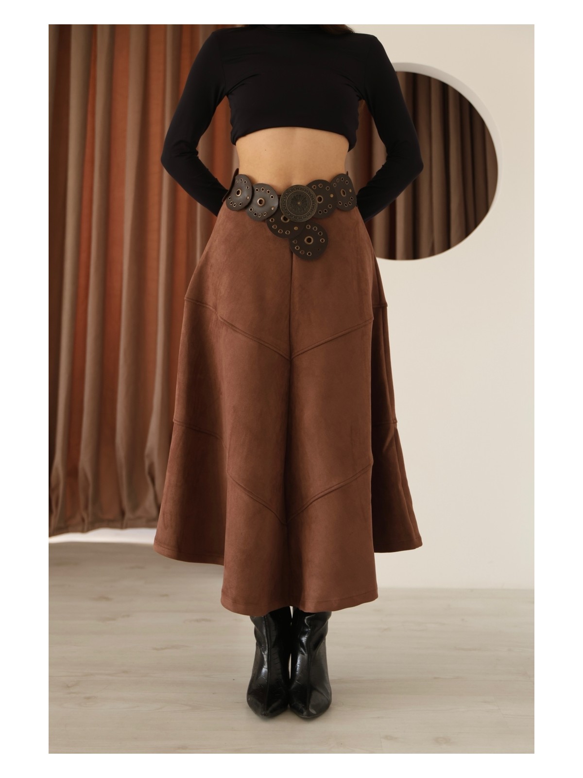 Moviment Kadın Kahverengi Süet Volanlı A Kesim Etek