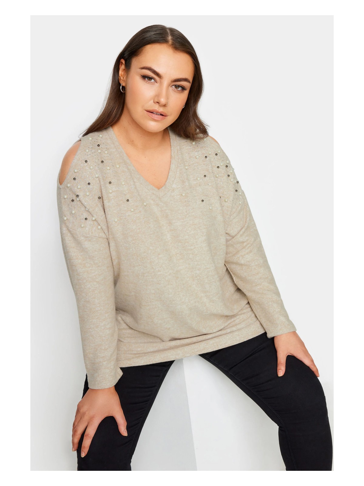 Stil Diva Büyük Beden V Yaka Omuz Detaylı Boncuk Işlemeli Kazak 302776