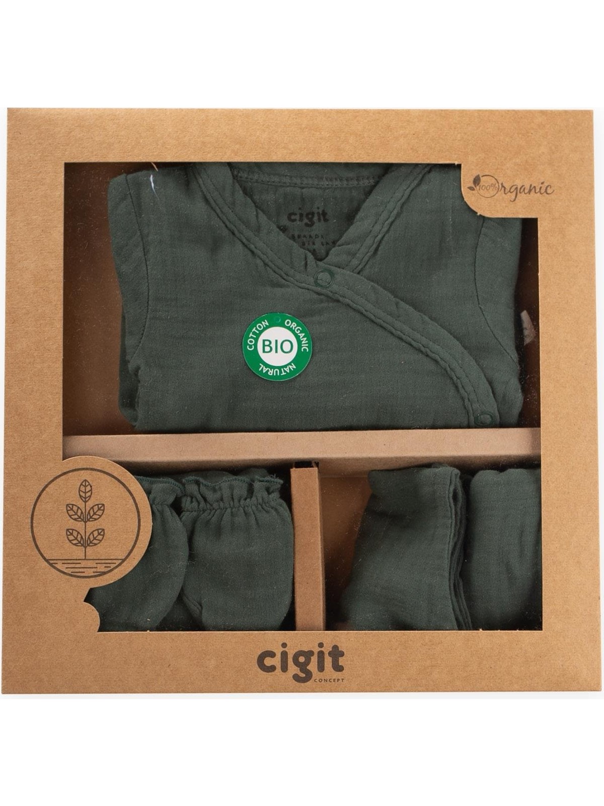 Cigit Organik Müslin Hastane Çıkışı Bebek Takımı 0-3 Ay Haki Yeşil