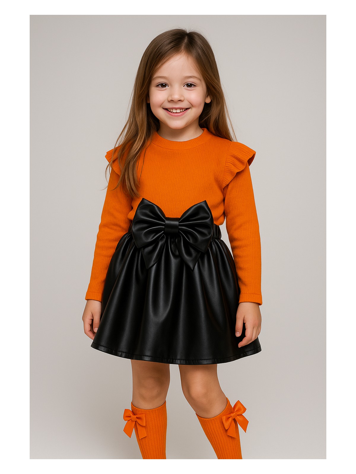 Özge Başaran Deri Etek, Turuncu Badi ve Diz Altı Fiyonklu Çorap Takım