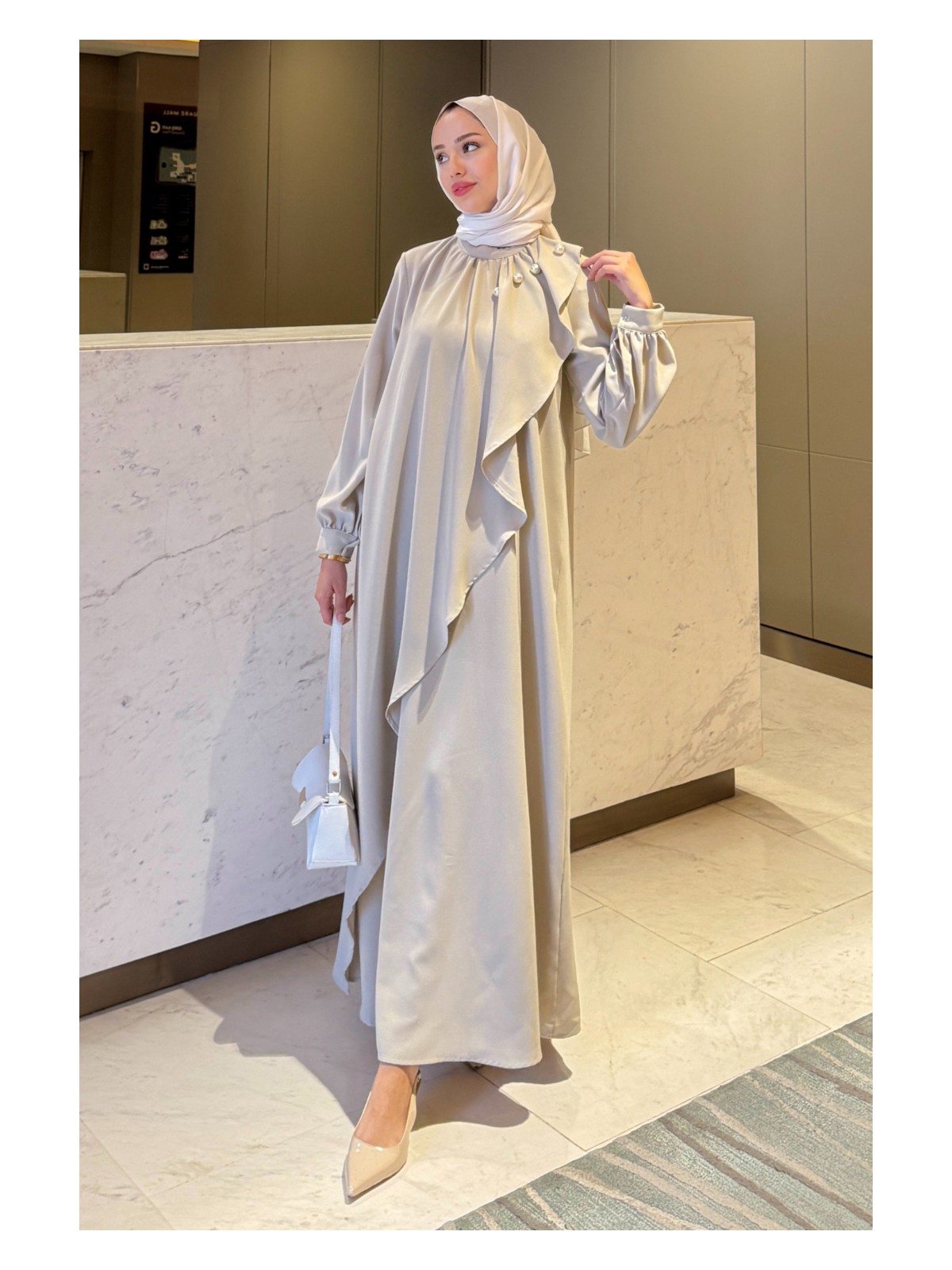 Tesettür Diyarı Krep Kumaş Yakası Inci Detaylı Levanur Elbise- Antrasit - Görsel 6