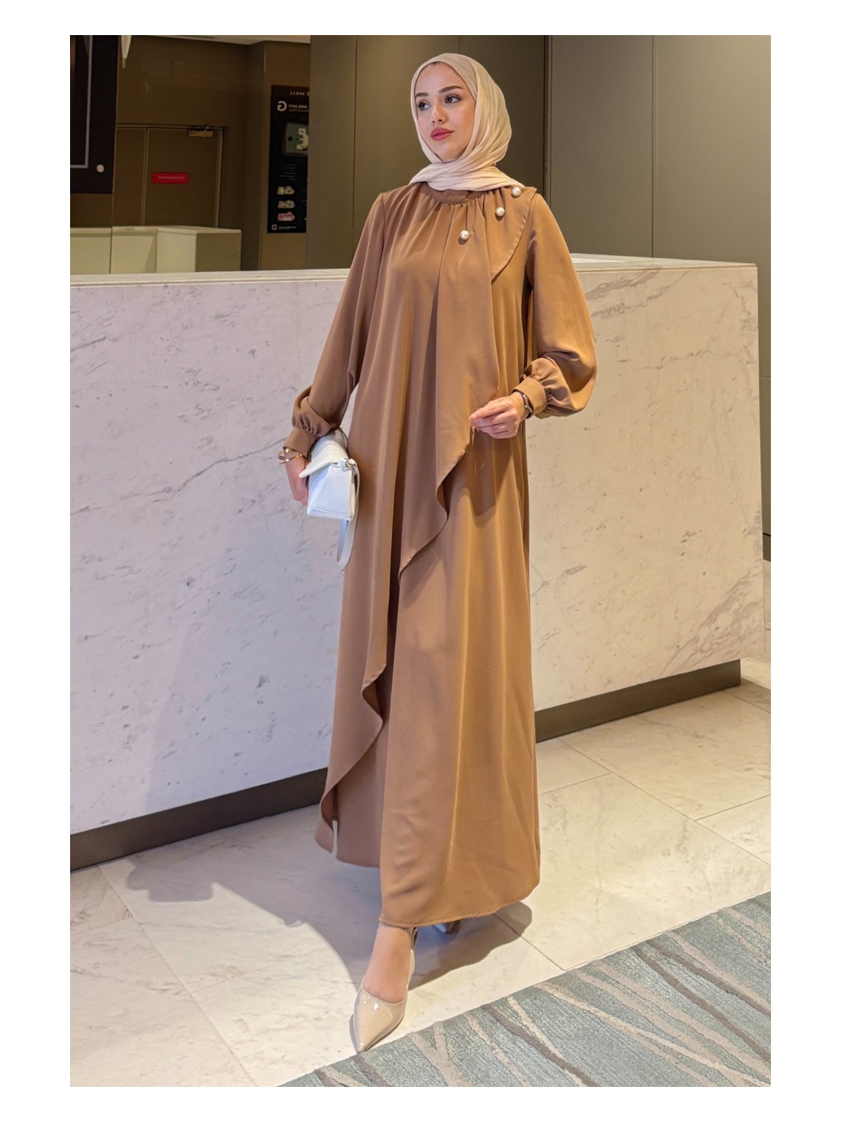 Tesettür Diyarı Krep Kumaş Yakası Inci Detaylı Levanur Elbise- Antrasit - Görsel 8