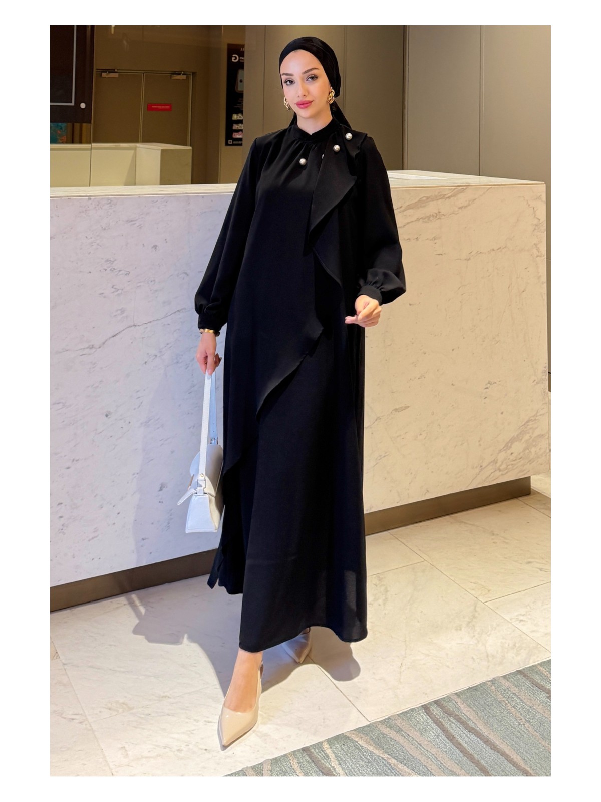 Tesettür Diyarı Krep Kumaş Yakası Inci Detaylı Levanur Elbise- Antrasit - Görsel 7