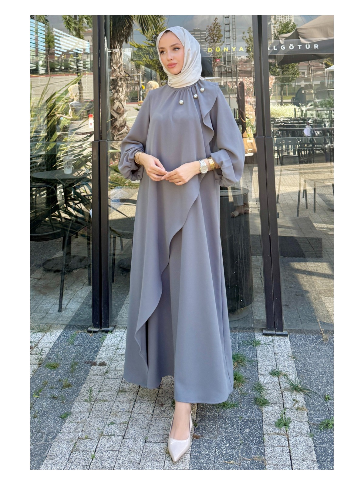 Tesettür Diyarı Krep Kumaş Yakası Inci Detaylı Levanur Elbise- Antrasit