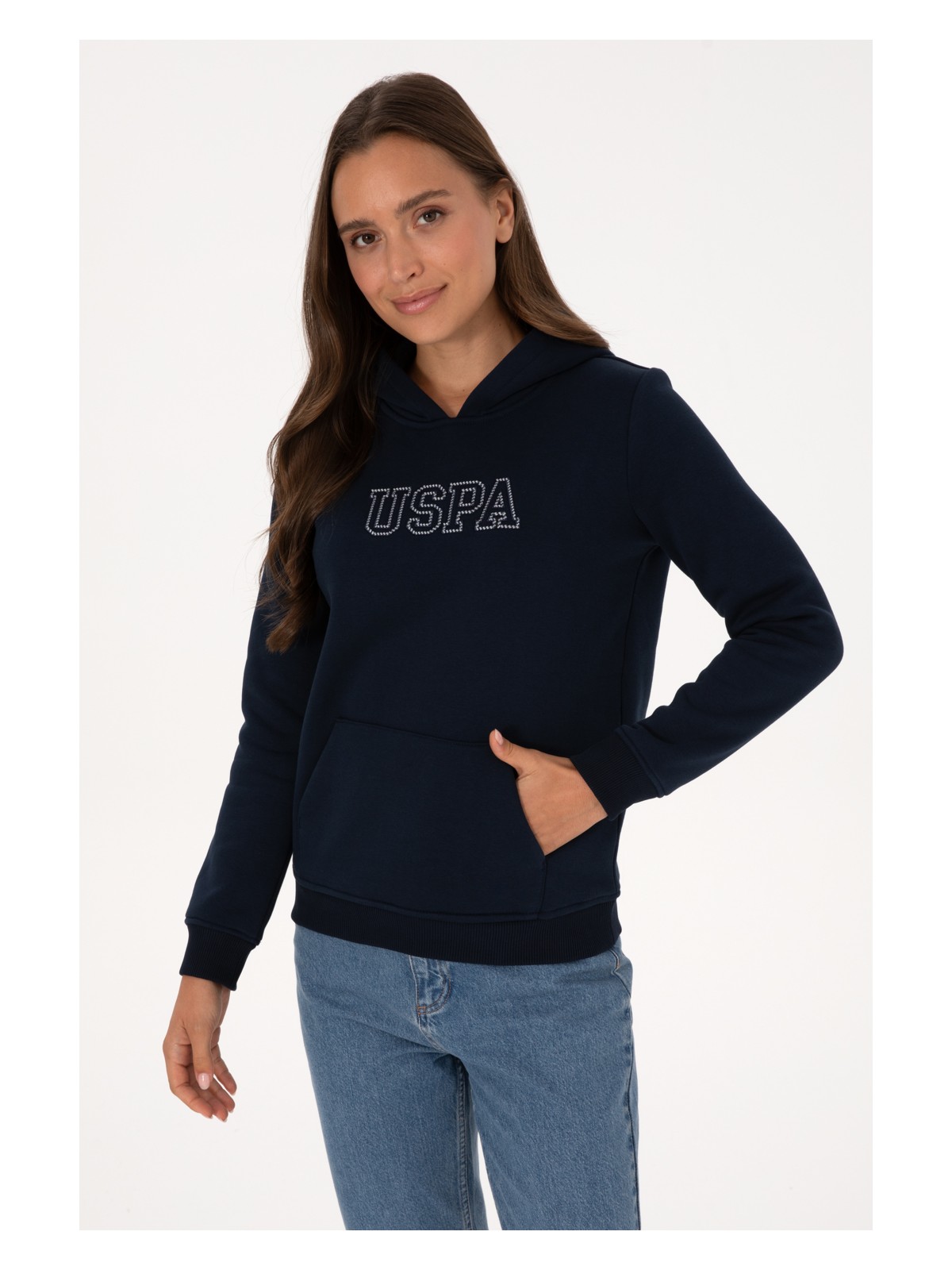 U.S. Polo Assn. Kadın Lacivert Şardonlu Kapüşonlu Basic Sweatshirt 50313566-VR033