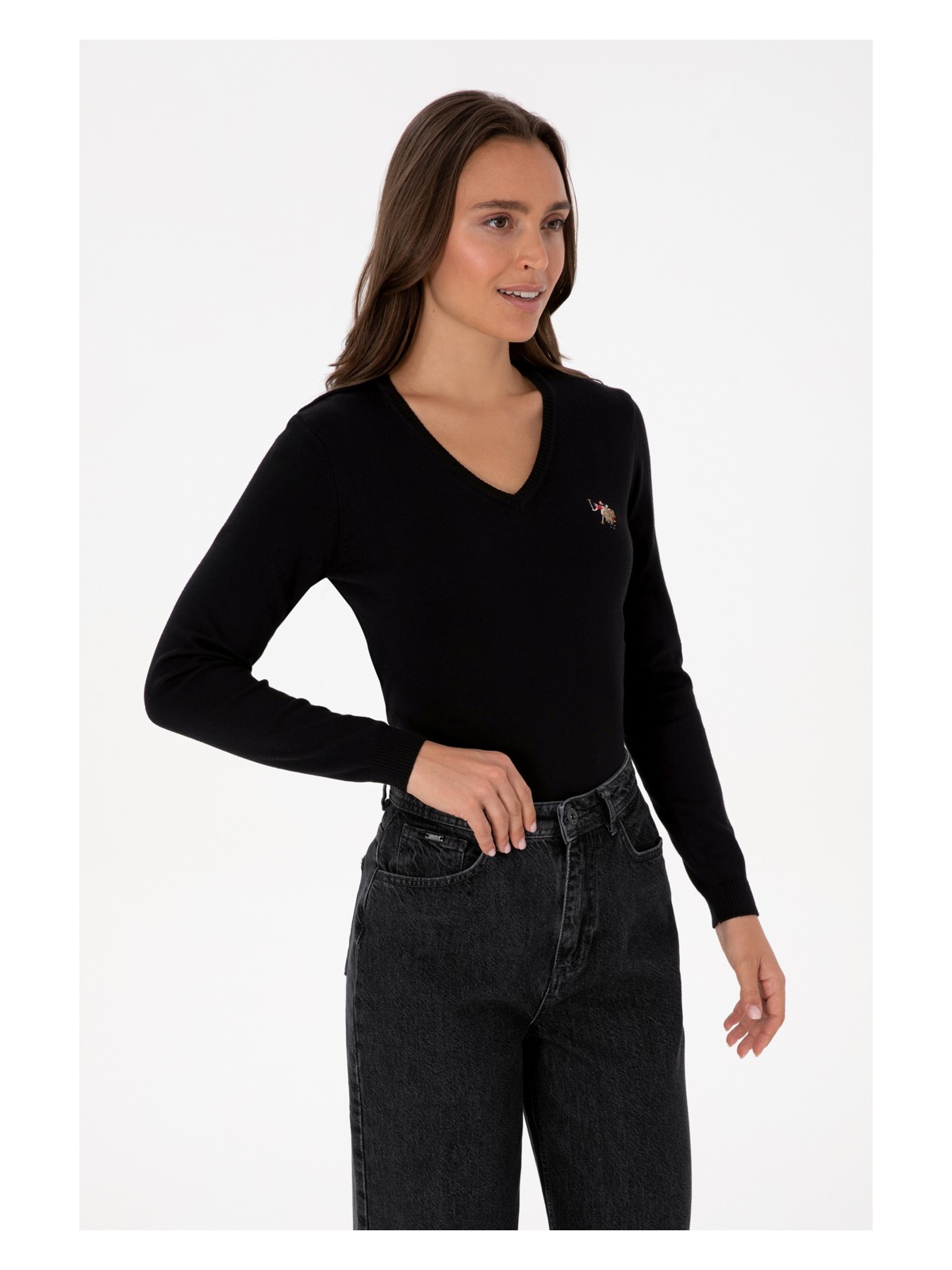 U.S. Polo Assn. Kadın Siyah V Yaka Basic Kazak 50307727-VR046