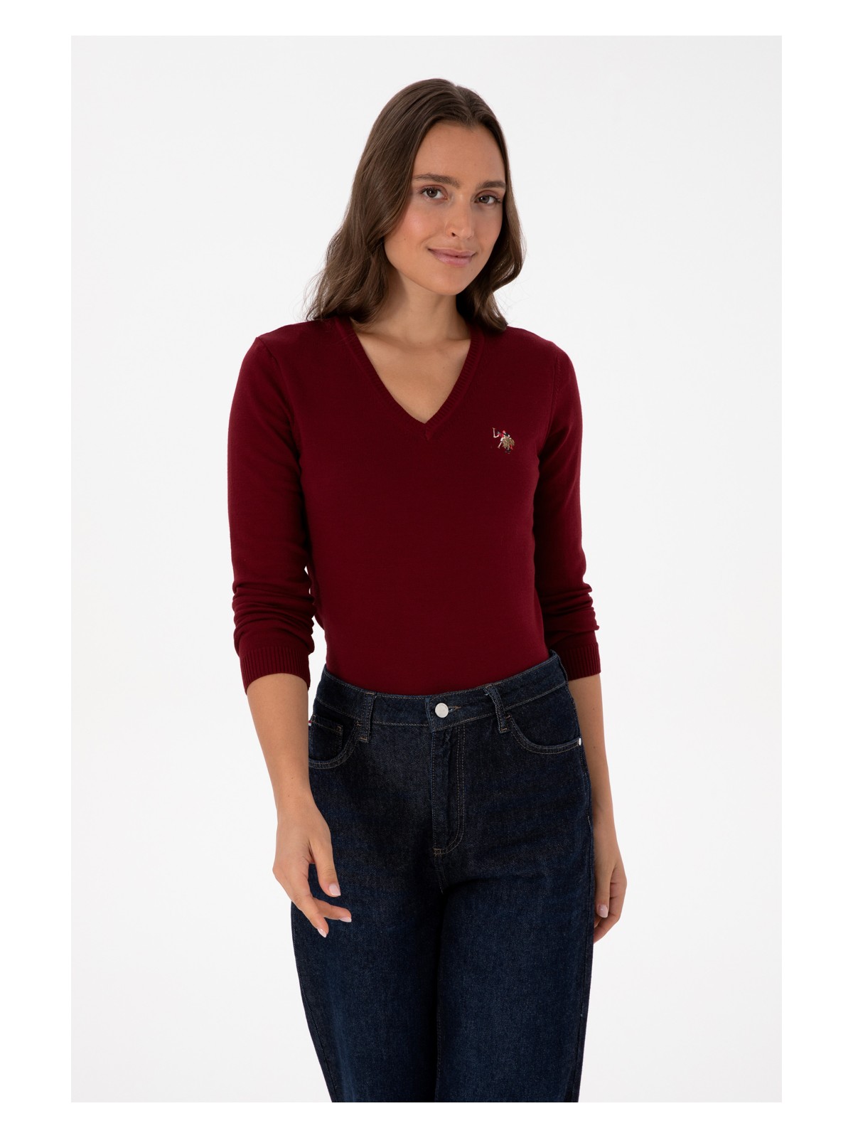 U.S. Polo Assn. Kadın Bordo V Yaka Basic Kazak 50307727-VR014