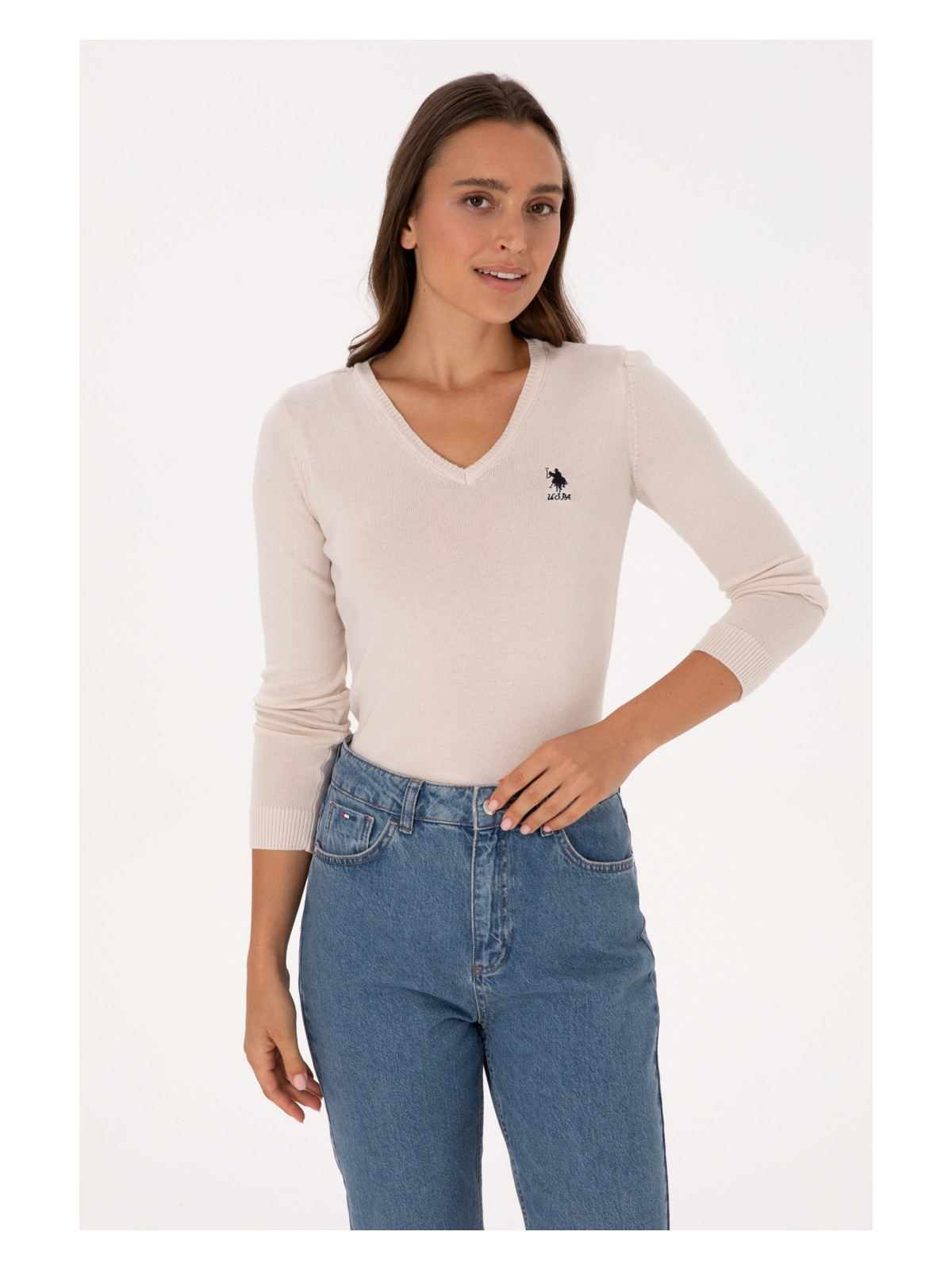 U.S. Polo Assn. Kadın Krem V Yaka Basic Kazak 50307712-VR071