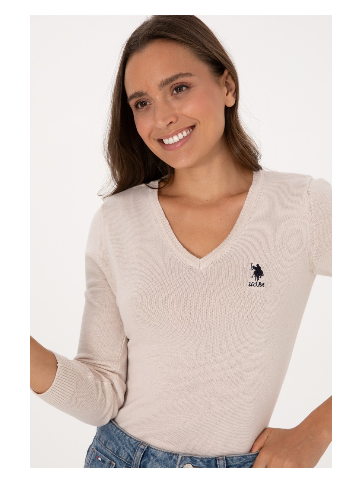 U.S. Polo Assn. Kadın Krem V Yaka Basic Kazak 50307712-VR071 - Görsel 2